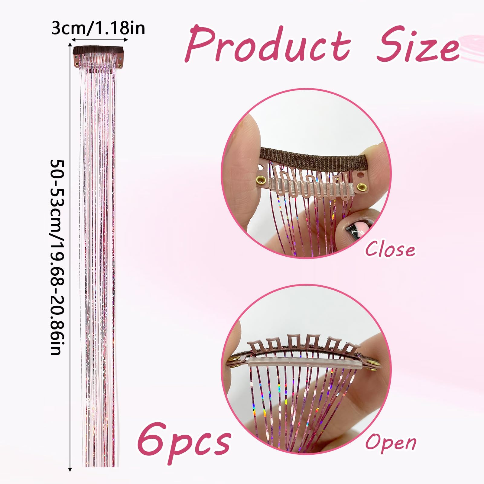 6pcs Pink Hair Tinsel Extension Clips Kit - Image 2