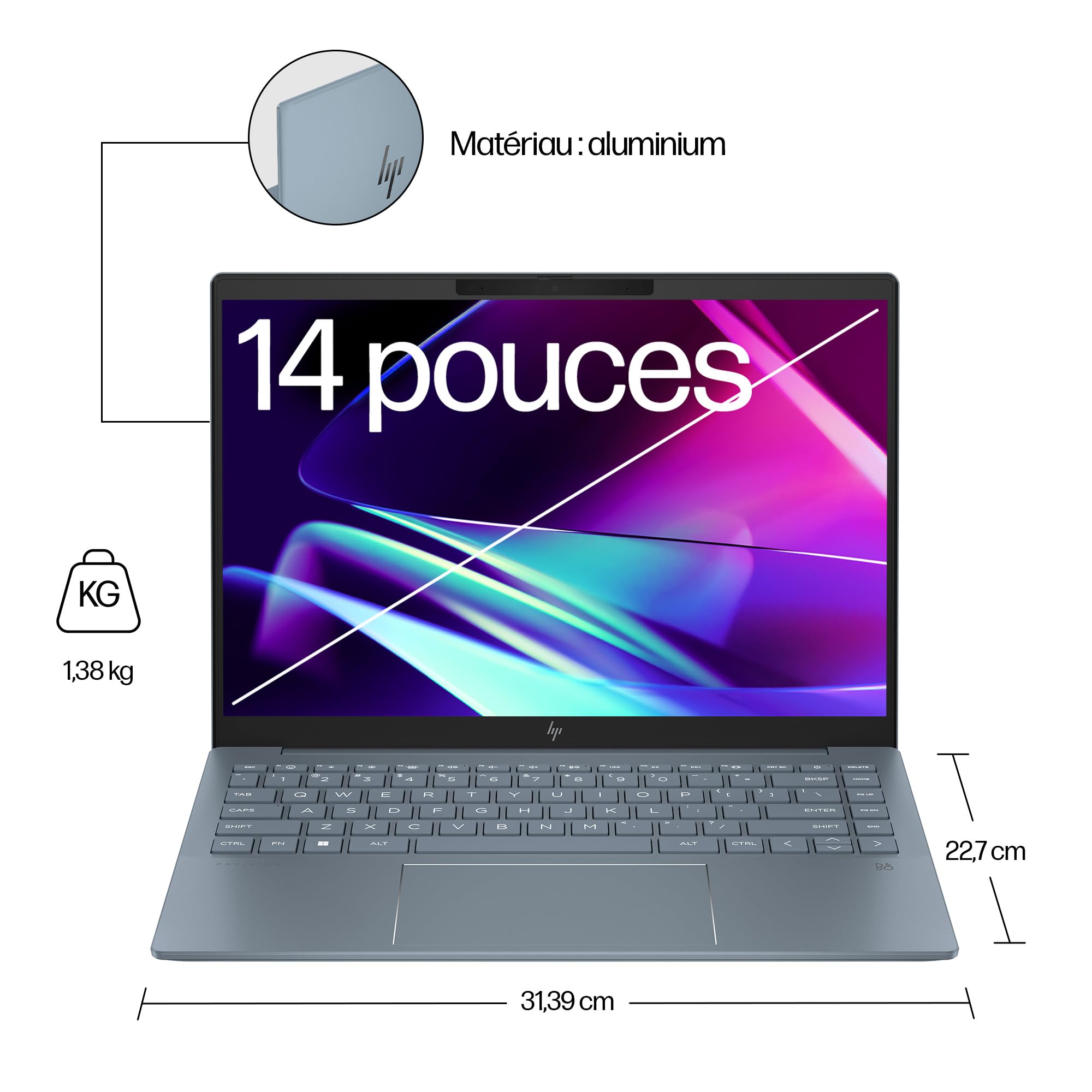 HP Pavilon Plus 14-ew1000sf Ordinateur Portable 14" 2.8K OLED 120 Hz, PC Portable (Intel Core Ultra 5 125H, RAM 16 Go, SSD 512 Go, Intel Arc Graphics, Windows 11), Laptop Bleu, Clavier AZERTY