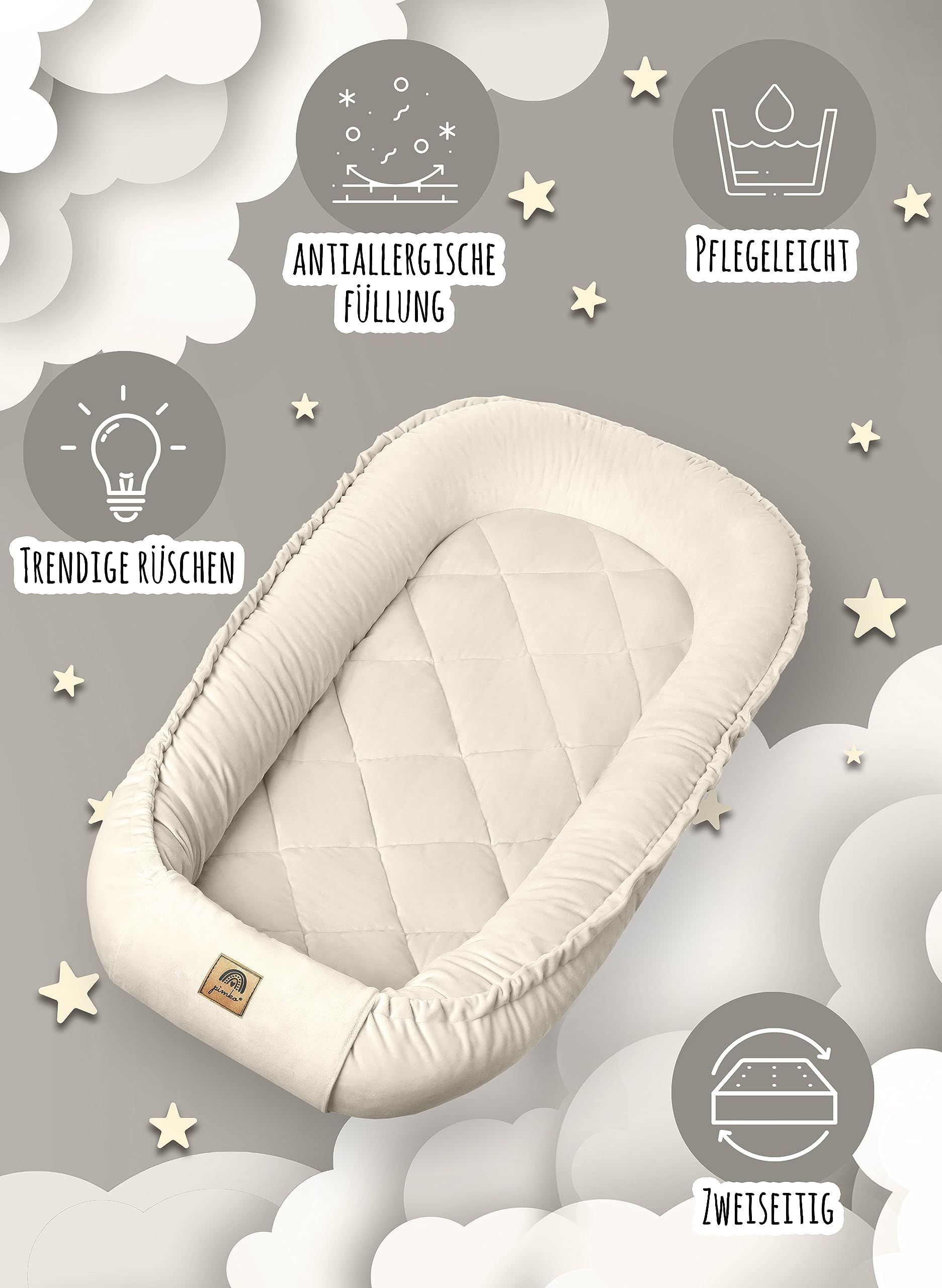 PIMKO Velluto Baby Nest – Morbido Baby Nestchen per Neonati Nido Portatile in bozzolo Fasciatoio da Viaggio per Relax e Coccole Prodotto in Europa