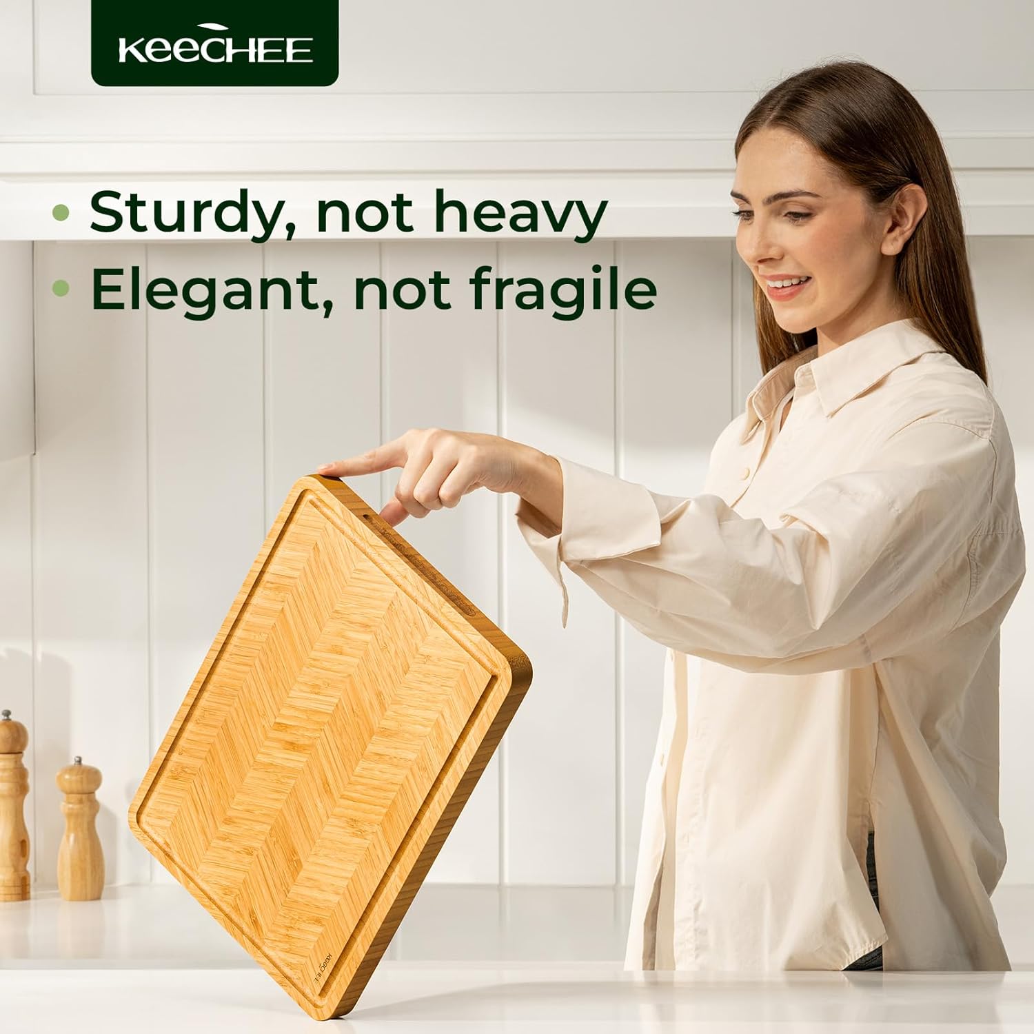 Keechee Bamboo Cutting Board, Reversible Wood Cutting Boards for Kitchen with Juice Grooves, Atelier Collection Handcrafted Large Serving Tray, Luxury Housewarming Wedding Gifts for New Home