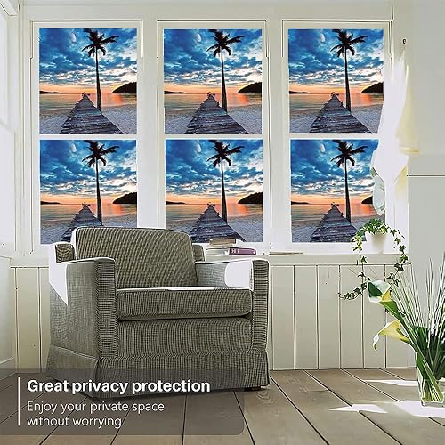 Vista 103 de Tropic - Película 3D para ventana, palmeras tropicales oceánicas en isla soleada, imagen panorámica, para puerta de cristal, baño, sala de estar