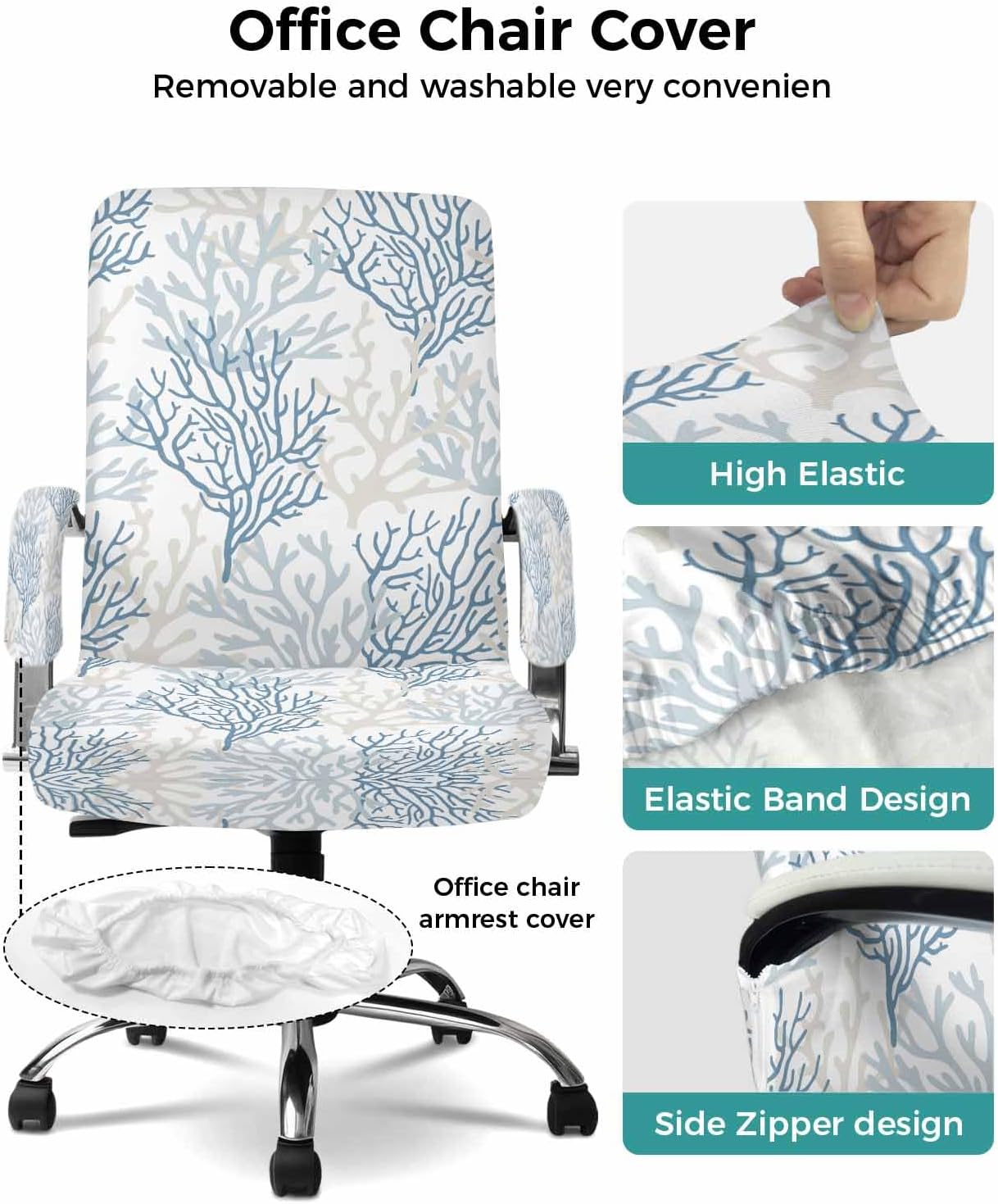 DecorLovee Blue Grey Coral Coastal Office Chair Cover with Armrest Covers & Zipper, Summer Beach Spandex Computer Chair Covers, Seaside Nautical Universal Rotating Desk Chair Slipcovers Protector, S