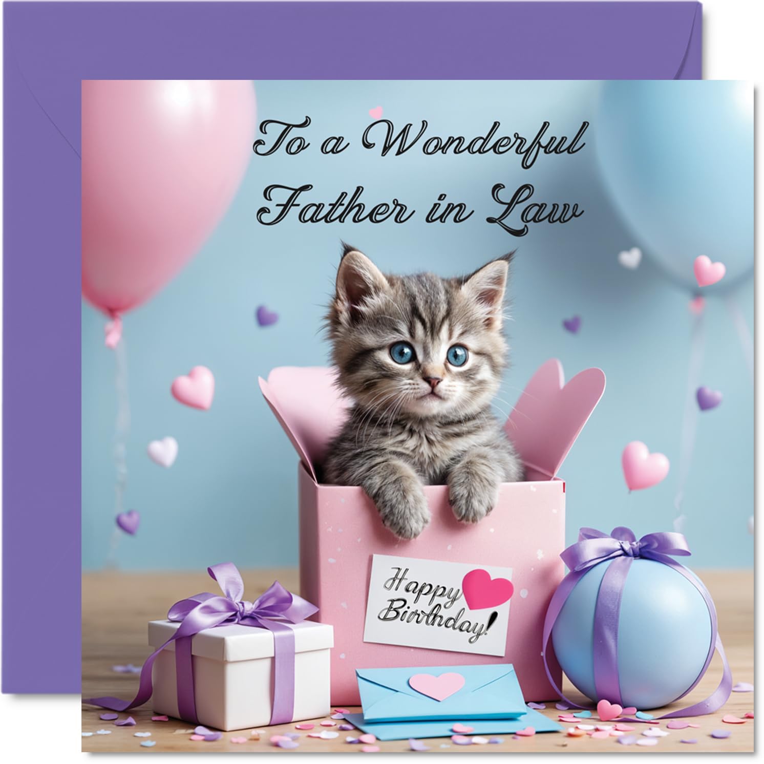 Father in Law Birthday Card - Cat Present - Happy Birthday Card for Father in Law from Son Daughter, 145mm Cat Present Bday Greeting Cards