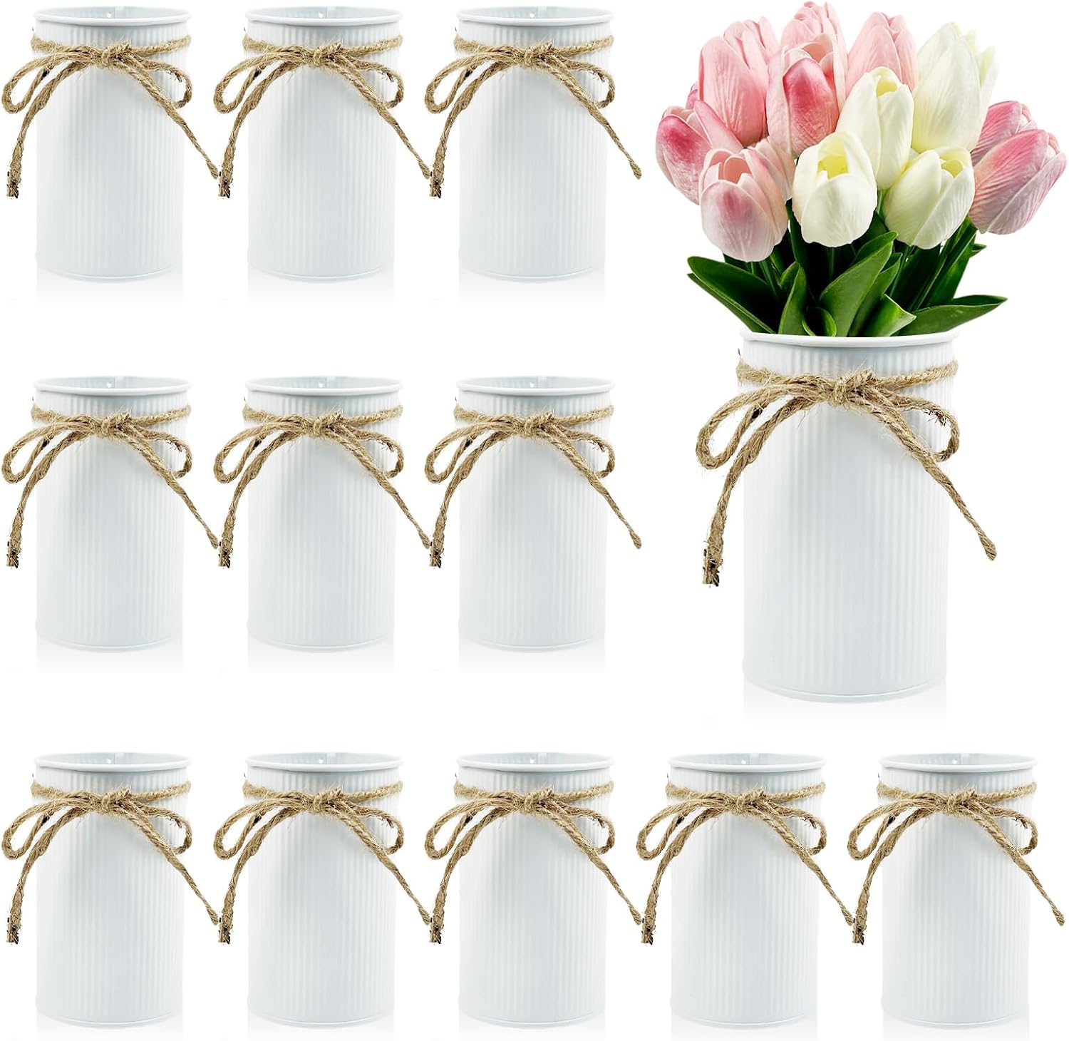 Rainmae 12 Pcs 4.3x2.6 Inch Farmhouse Vase with Twine Bow, Premium Vintage Flower Vase Decor, Galvanized Metal Flower Vases Rustic Vase for Table Centerpiece Weddings Home Decoration (White)