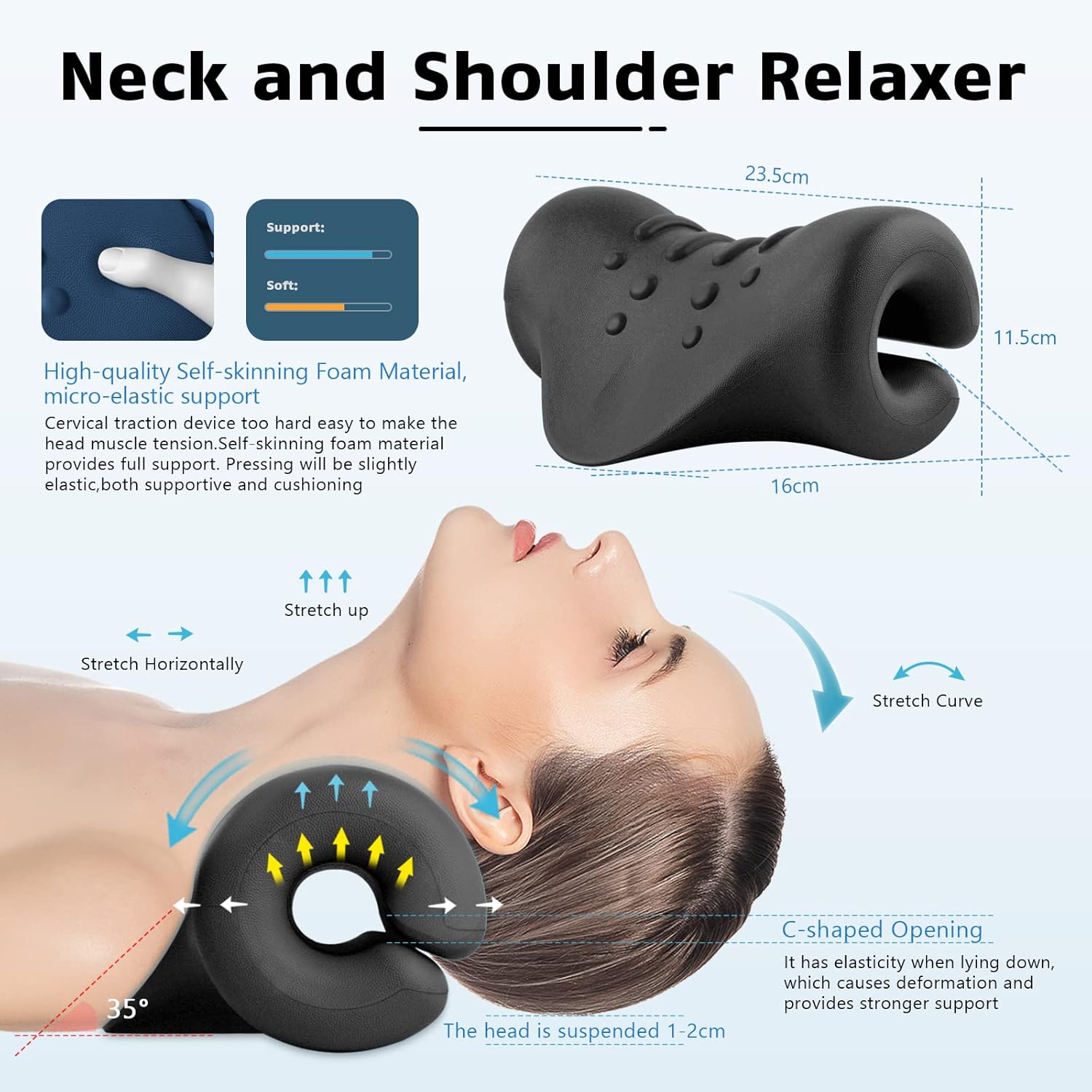 Neck and Shoulder Relaxer,Portable Cervical Traction Device Neck Stretcher,Neck Posture Corrector Chiropractic Pillow for TMJ Pain Relief and Cervical Spine Alignment,Black : Health & Household