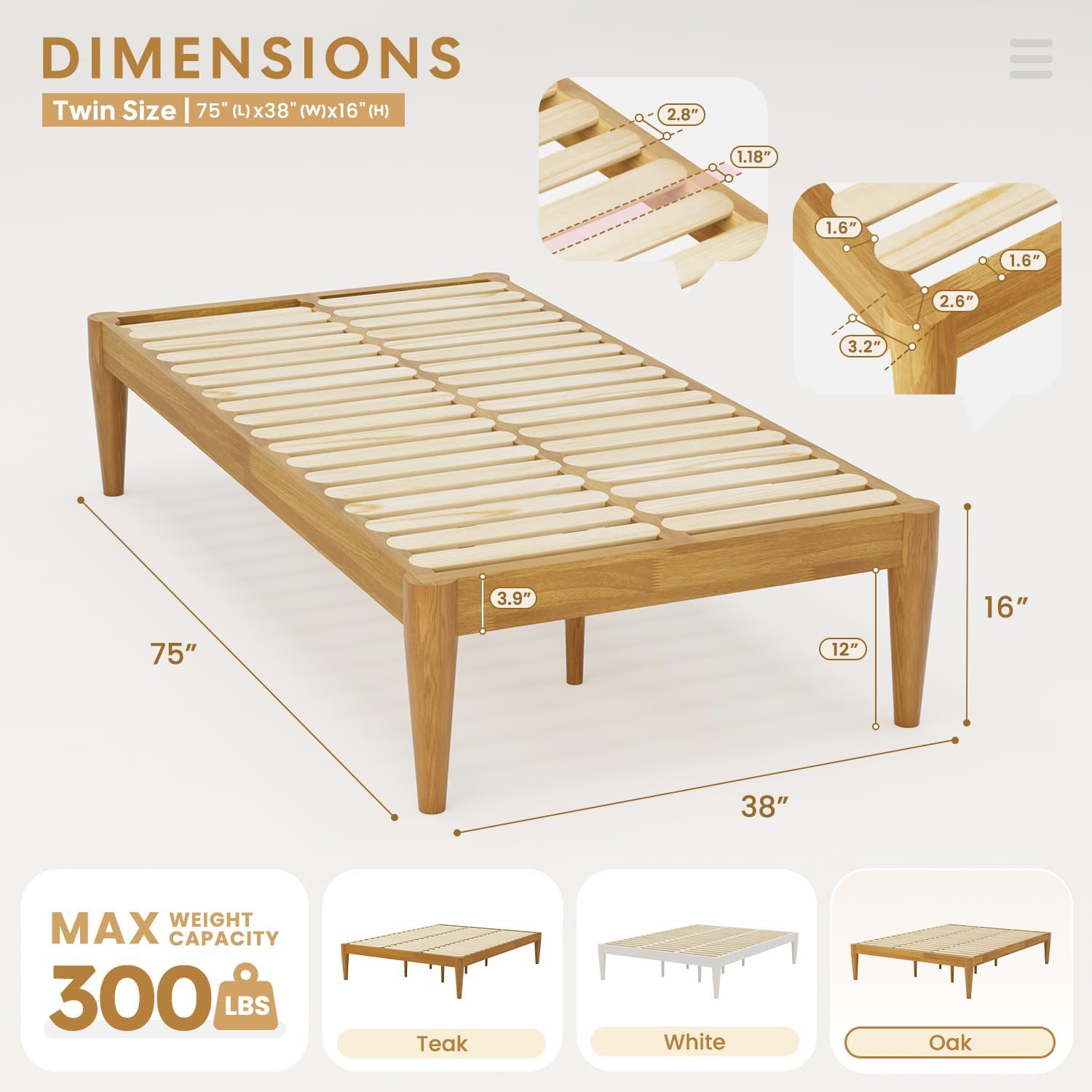 IOTXY Twin Platform Bed Frame - Solid Wood 16-Inch Height Mattress Foundation Base with Densely Slats and Heavy-Duty Support Legs, No Box Spring Needed, Oak