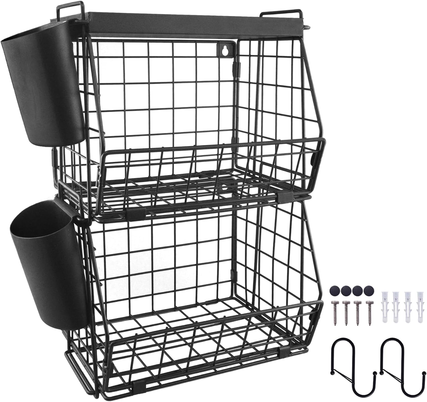 Stackable Counter Top Organizer Baskets - 2 Tier Basket Rack with Tray Cups Hooks for Coffee Room Kitchen Pantry Office Storage Organization Wall Haning Shelves or Desk Stand for Snack Fruit Vegetable