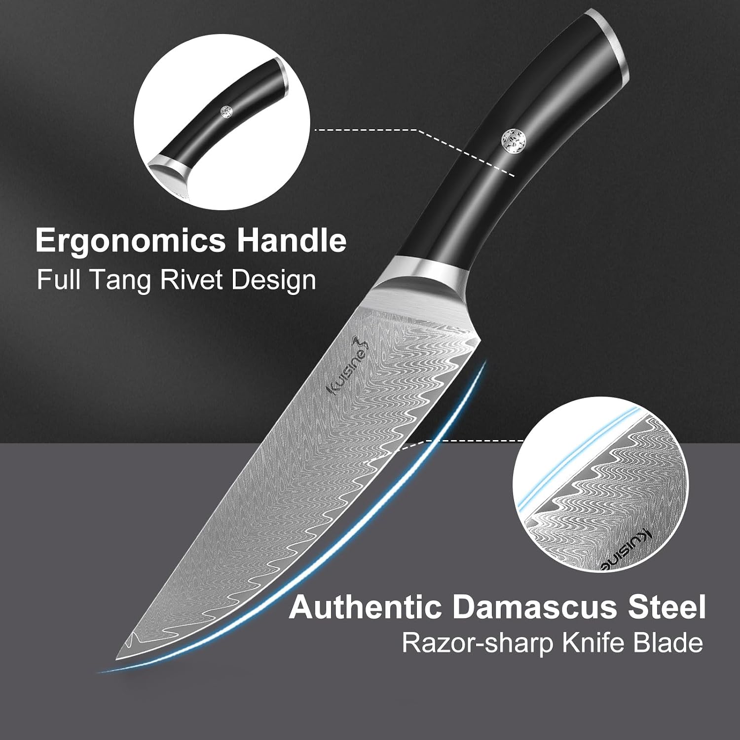 KUISINE Damascus Chef Knife, 8 Inch High Carbon Stainless Steel Ultra Sharp Kitchen Knife with Non-slip Ergonomic Handle, Gift Box for Holiday