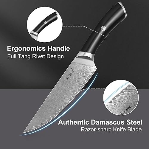 Miniatura 3 de KUISINE Cuchillo de chef de damasco de primera calidad, mango antideslizante, hoja afilada, regalo de lujo para vacaciones (plata Pro, 8 pulgadas)