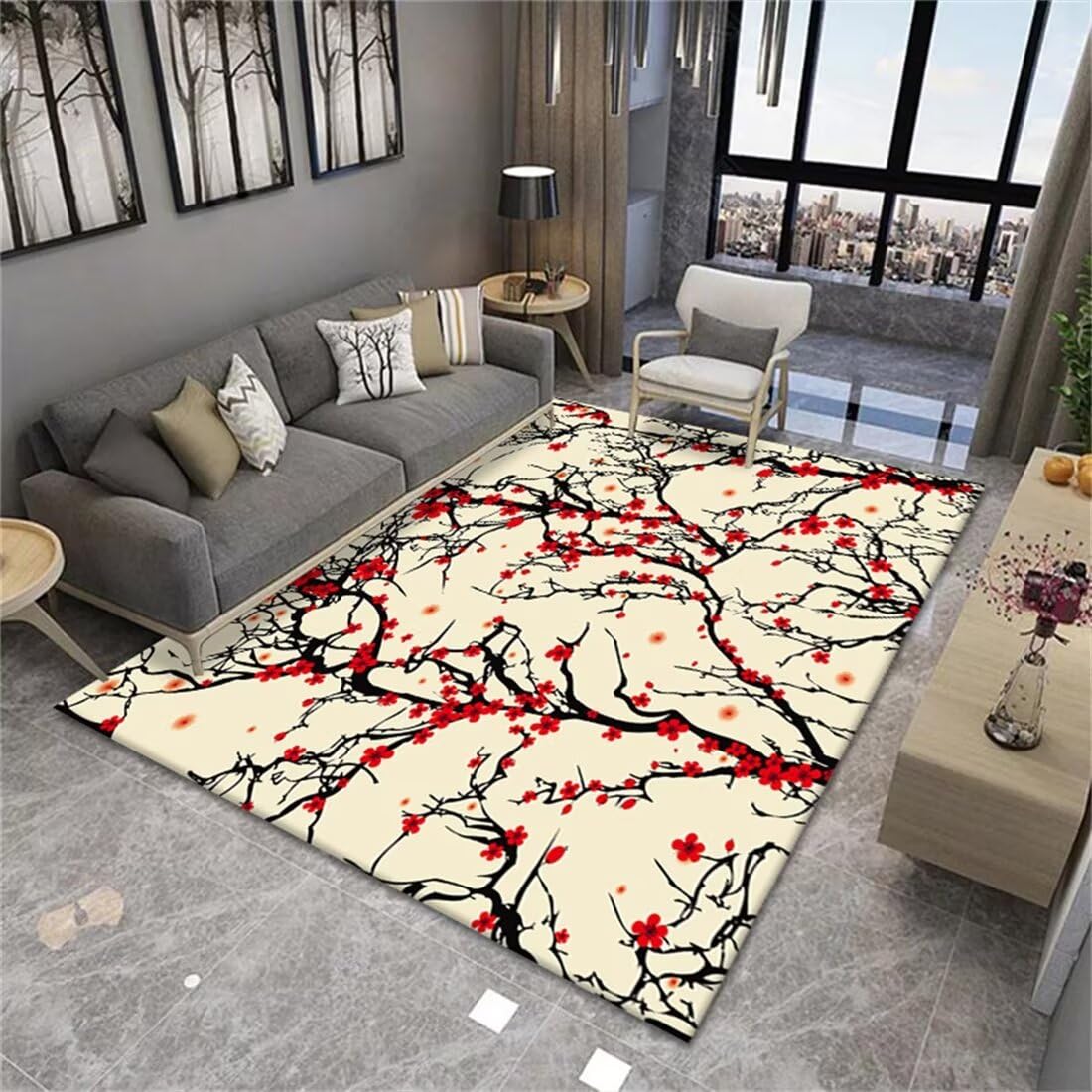 Tapis salon coloré pour chambre et bureau déco prunier rouge 80x160cm