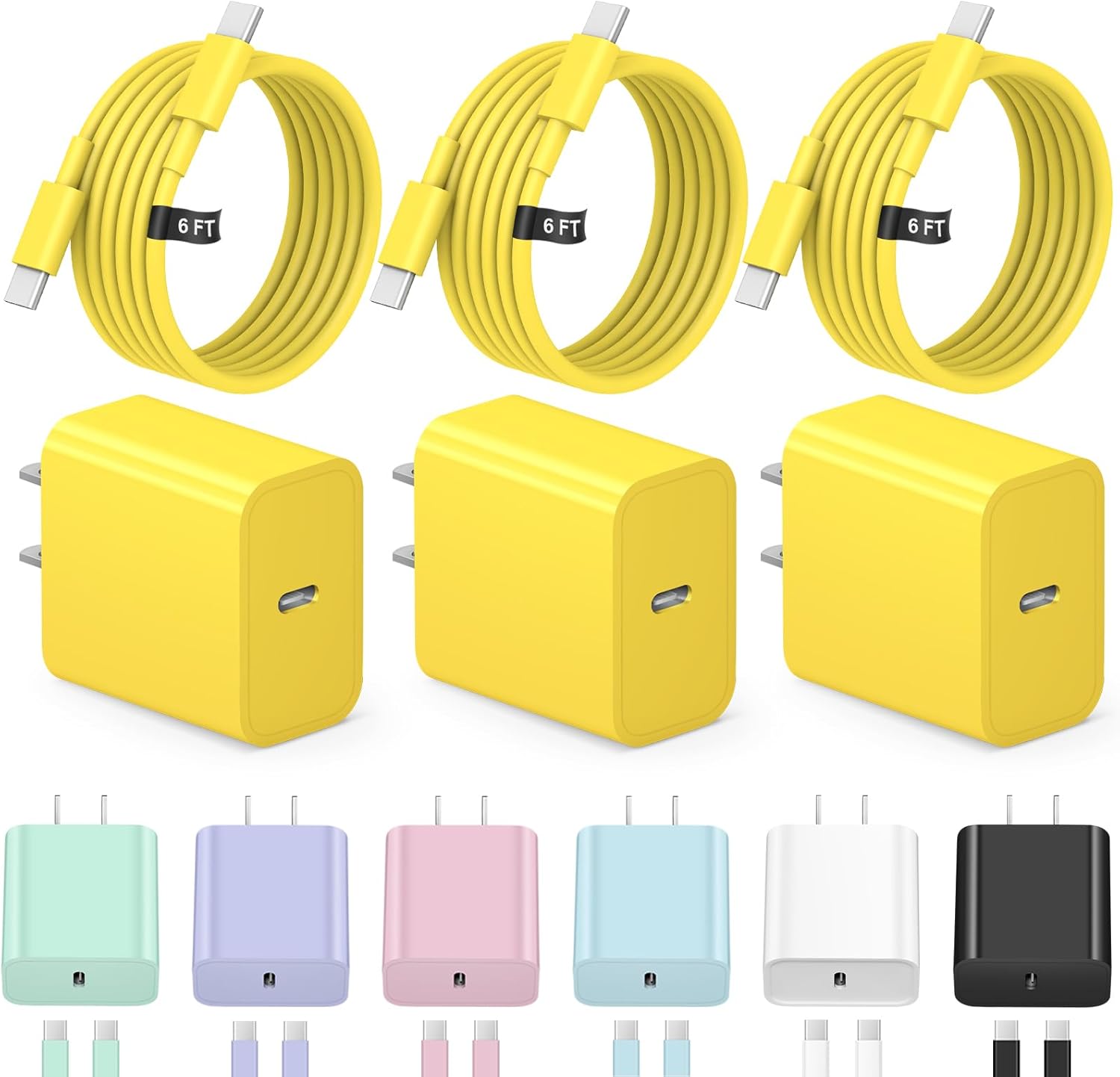 iPhone 17 16 15 Charger Fast Charging 3+3Pack Type C Charger USB C Chargers Block with 6FT Cable for iPhone Air/17/17 Plus/17 Pro/17 Pro Max/16/16 Plus/16 Pro/16 Pro Max/15/15 Pro Max/iPad Pro(Yellow)