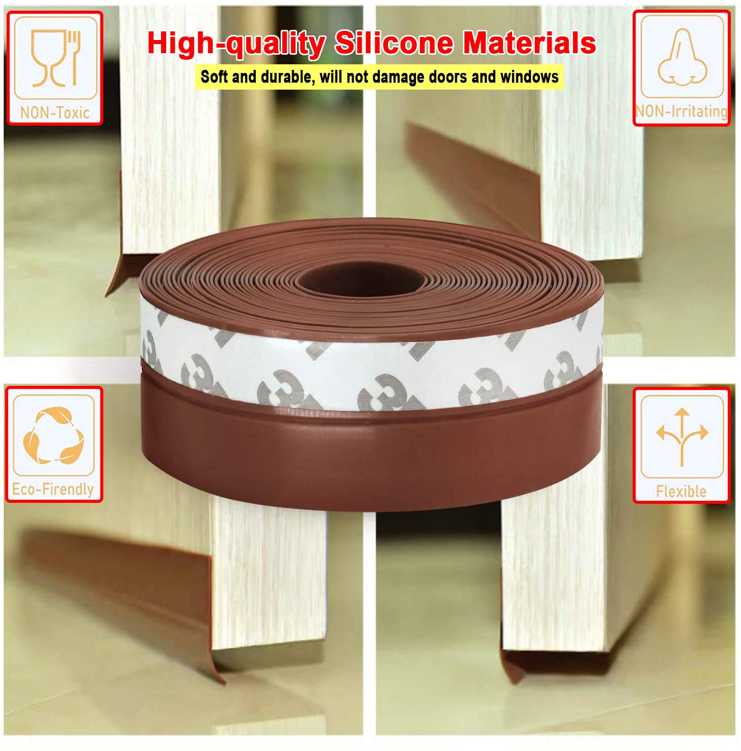 JEMESI Sigillante Autoadesivo, Porta Guarnizione Inferiore, Striscia Sigillante in Silicone Autoadesiva per Porte e Finestre,Insonorizzato, Weather Stripping, 10mx35mm (Marrone）