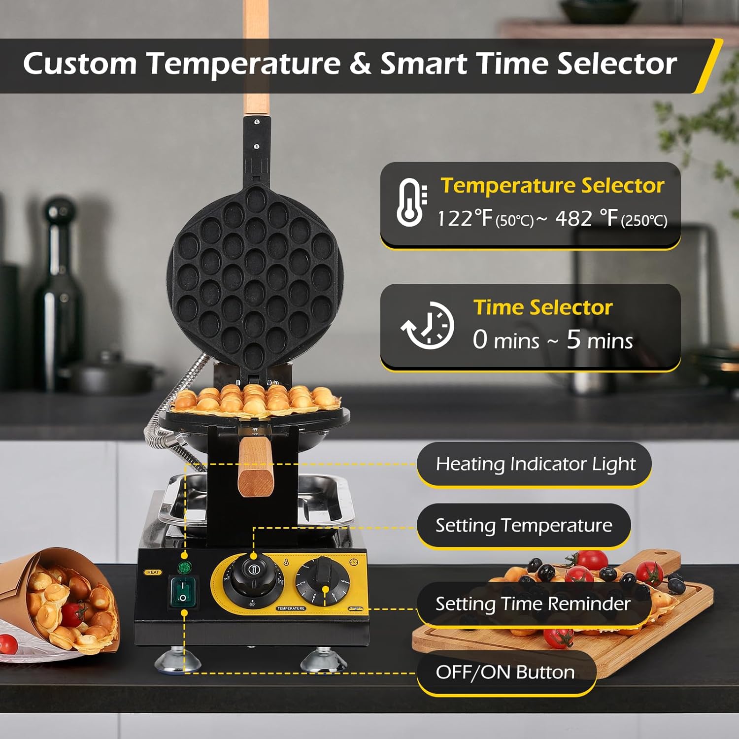 Dyna-Living Bubble Waffle Maker Commercial Bubble Waffle Machine, 1400W Egg Waffle Machine Non-stick Waffle Egg Maker with Crumb Tray, 30 Egg Cones Hong Kong Style Bubble Egg Waffle, 180° Rotating