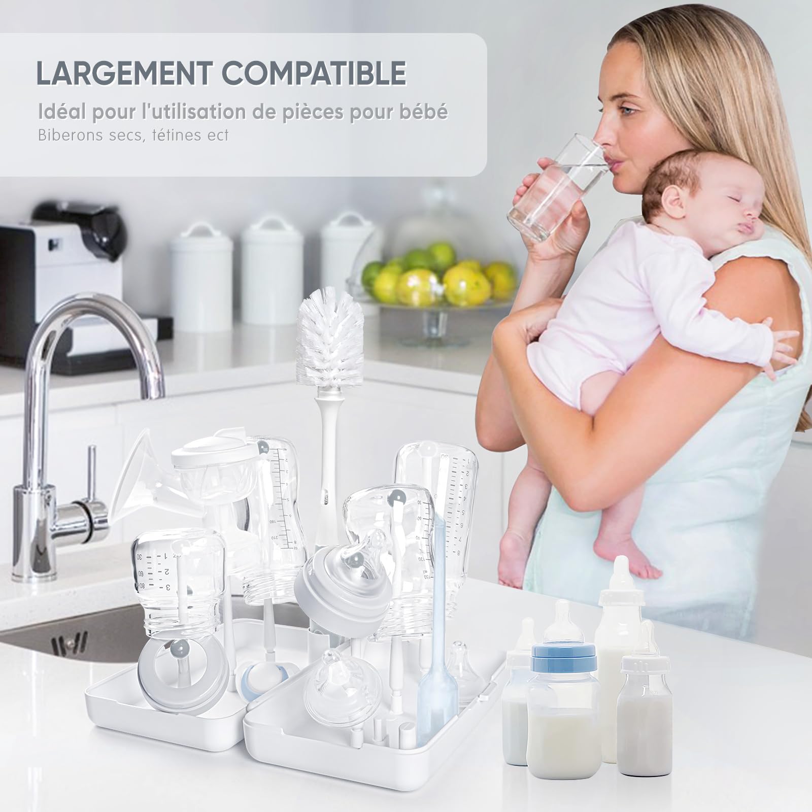 Termichy Sechoir Biberon avec Bac à Eau Amovible, Séchoir pour Bébé Idéal pour Les Bouteilles, Tétines, Tasses, Pièces de Pompe et Accessoires (Blanc