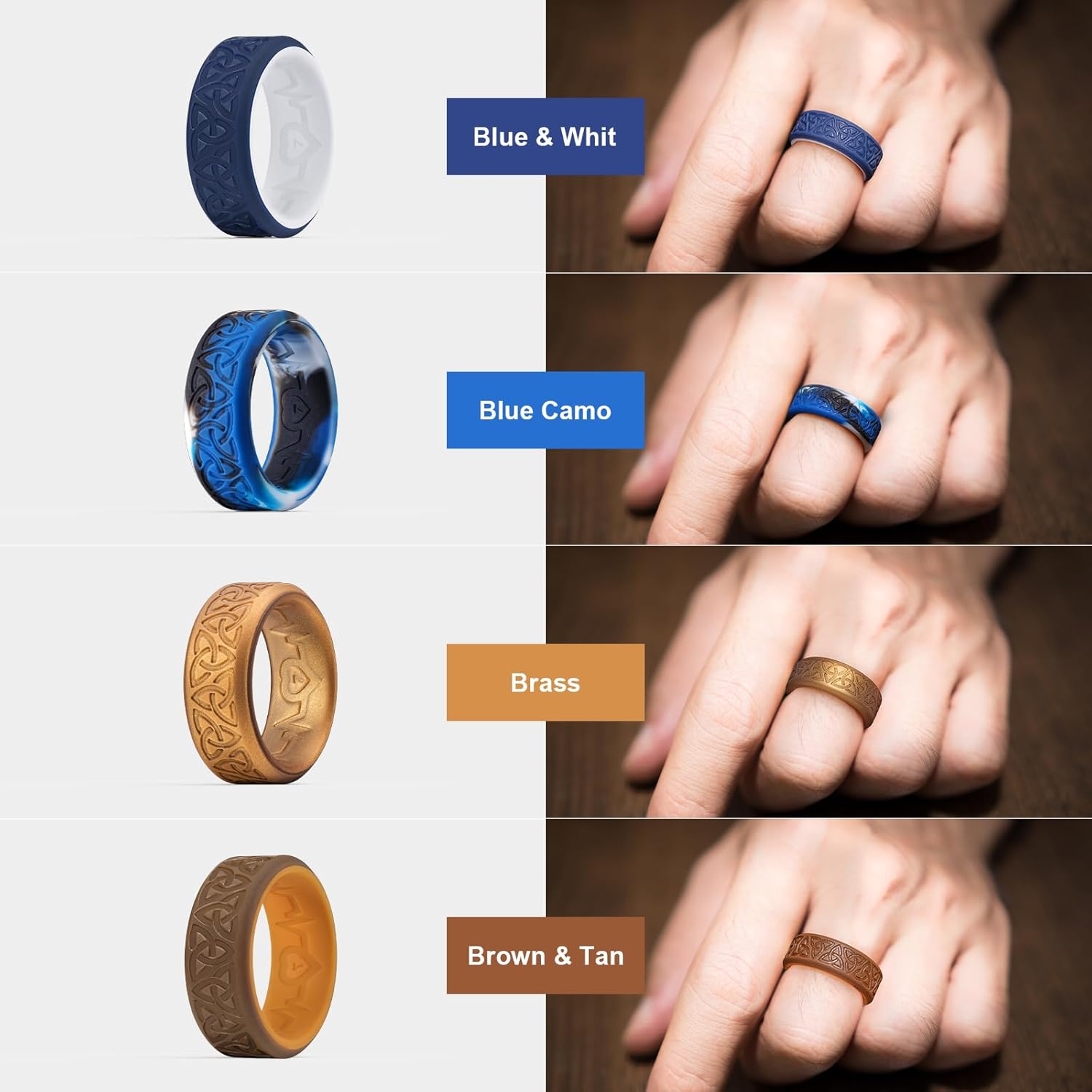 King Will Silicone Wedding Rings For Men, 4 Pack Rubber Wedding Bands with Celtic Knot Pattern, 8mm Wide 2.2mm Thick, Comfort Fit Size 13