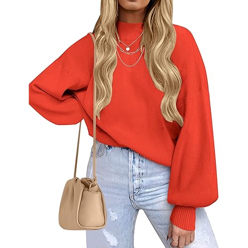 ZESICA Women's Casual Turtleneck Long Lantern Sleeve Oversized Ribbed Knit Pullover Sweater Jumper Top