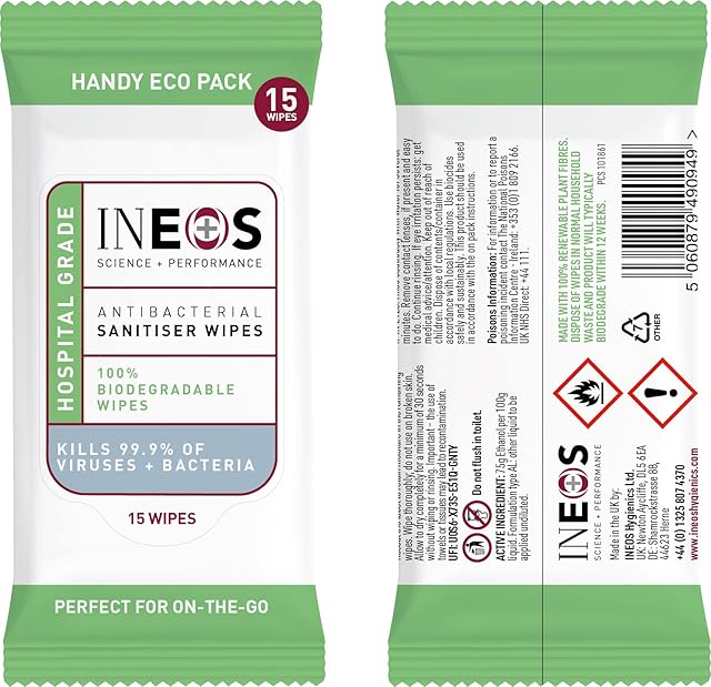 INEOS Antibacterial Biodegradable Sanitiser Wipes for Hands (15 Wipes)