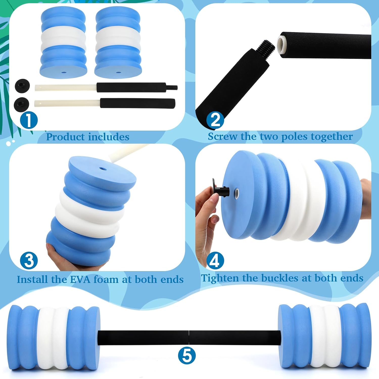 Soulchen Long Aquatic Exercise Dumbbells Foam Water Weights Dumbbell Aquatic Pool Barbells with High Density EVA Foam for Swim Water Aerobics Workouts Loss