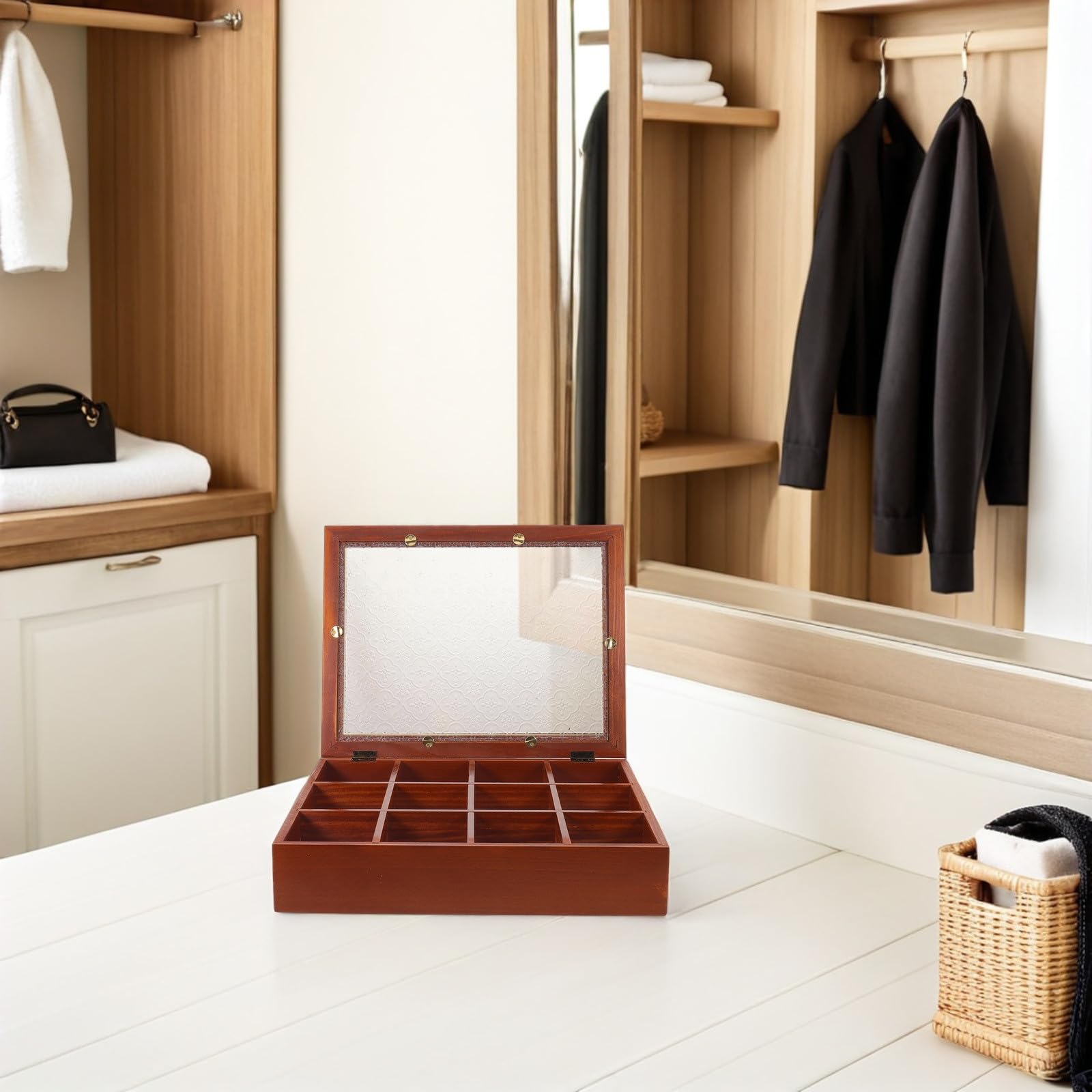 Aufbewahrungsbox aus Holz: Vitrine mit Glasdeckel für Schmuck und kleine Perlen – Rustikaler Teebeutel-Organizer mit 12 Fächern – Erinnerungskiste