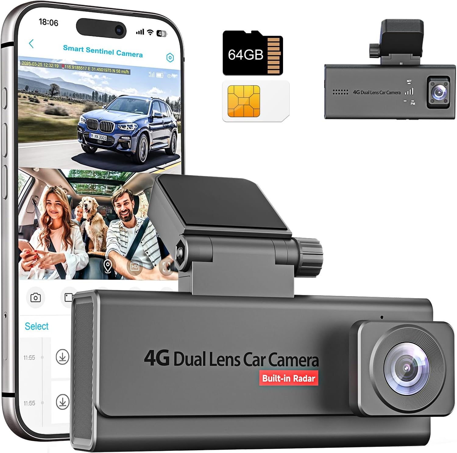 4G LTE Car Dash Cam Front and Rear,Car Camera with SIM Card (No WiFi),64GB SD Card,Dashcam with Night Vision,Remote Live-View,24/7 Parking Mode,Radar Motion Detection,GPS Tracking,OBD Power