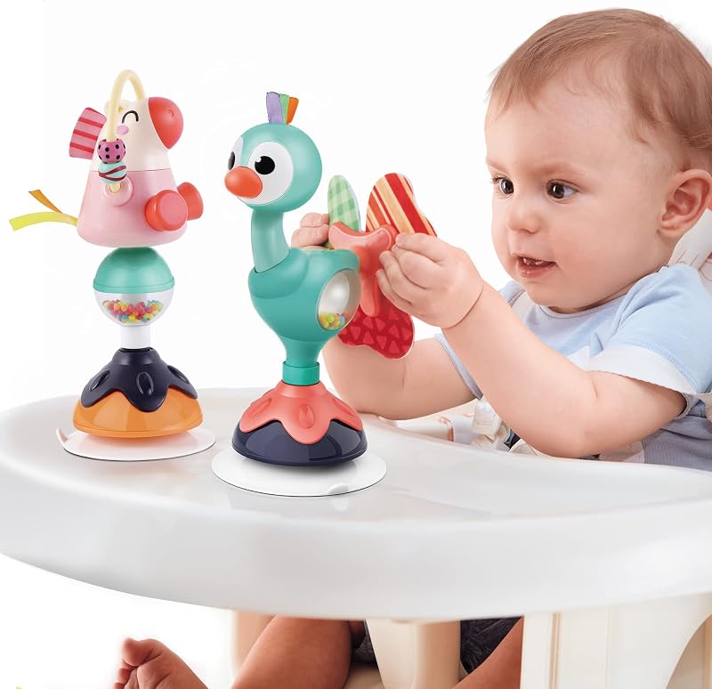 iPlay, iLearn Juego de juguetes con sonajero y trona para bebé de 6 a 12 meses | Sonajero de mesa para bebés con ventosa, desarrollo sensorial de giro, regalo de cumpleaños para bebés 7 8 9 10 18 meses, niño pequeño de 1 a 2 años