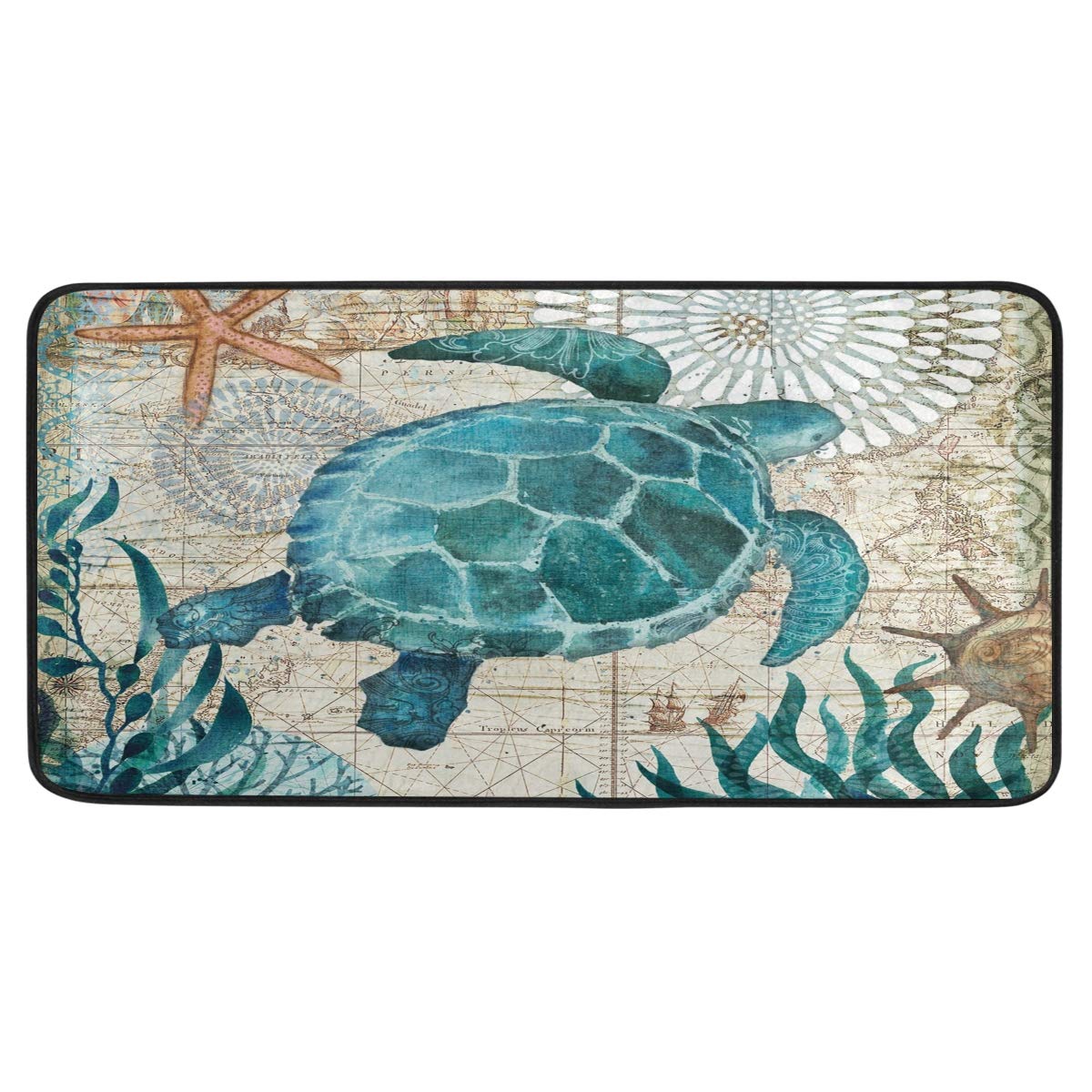 Sea Turtle Retro Map Kitchen Rugs Ocean Starfish Seaweed Kitchen Mat Bath Rug Floor Door Mats Non Slip Doormat Soft Runner Carpet Home Decor 39 X 20 Inch