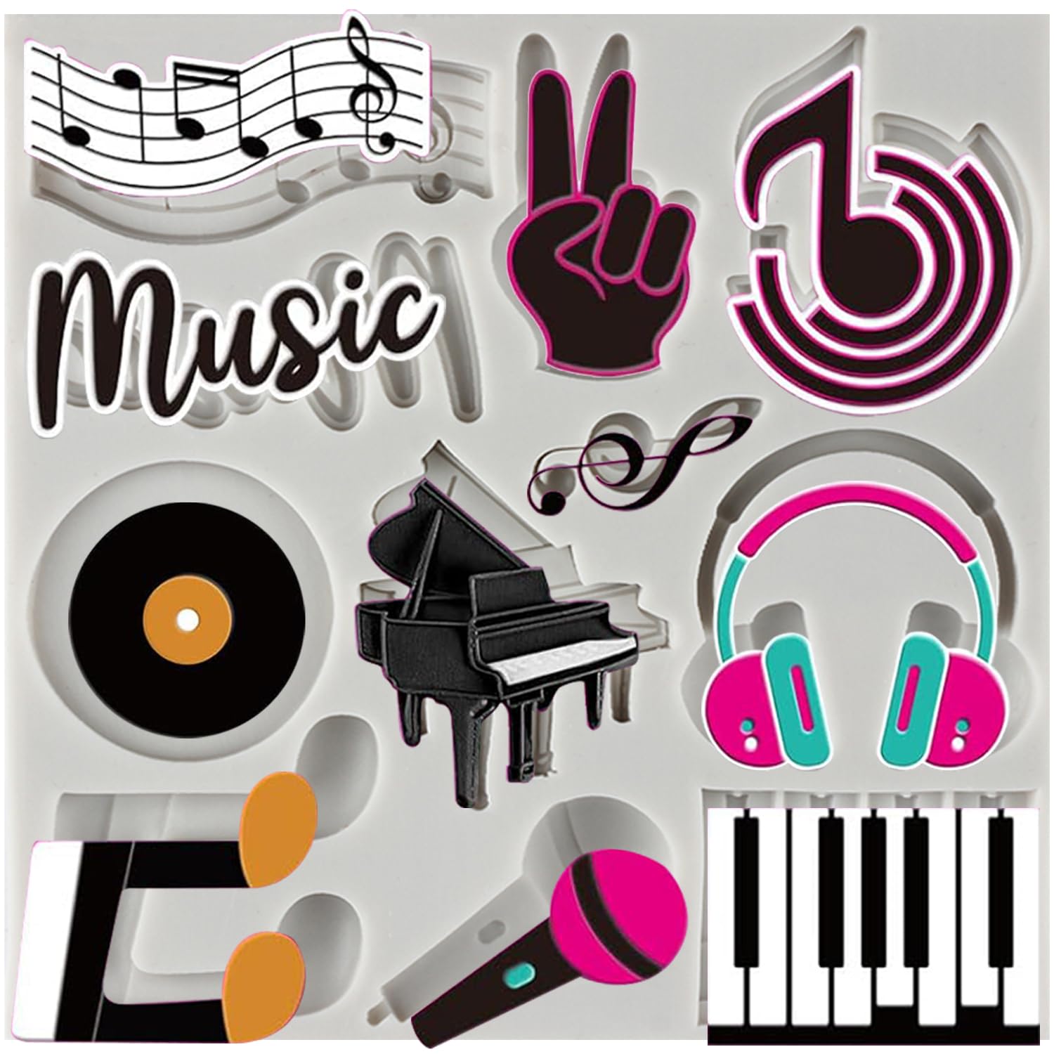 Sijiangmold Music Theme Fondant Moulds Musical Notes Piano Silicone Mould Keyboard Headphone Microphone Records Candy Moulds for Cake Decoration Chocolate Cupcake Topper Polymer Clay Gum Paste