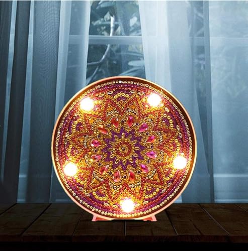 Miniatura 6 de Lámpara de mandala de pintura de diamantes con luces LED, bricolaje con forma especial, taladro completo, cristal de dibujo, lámpara de noche para