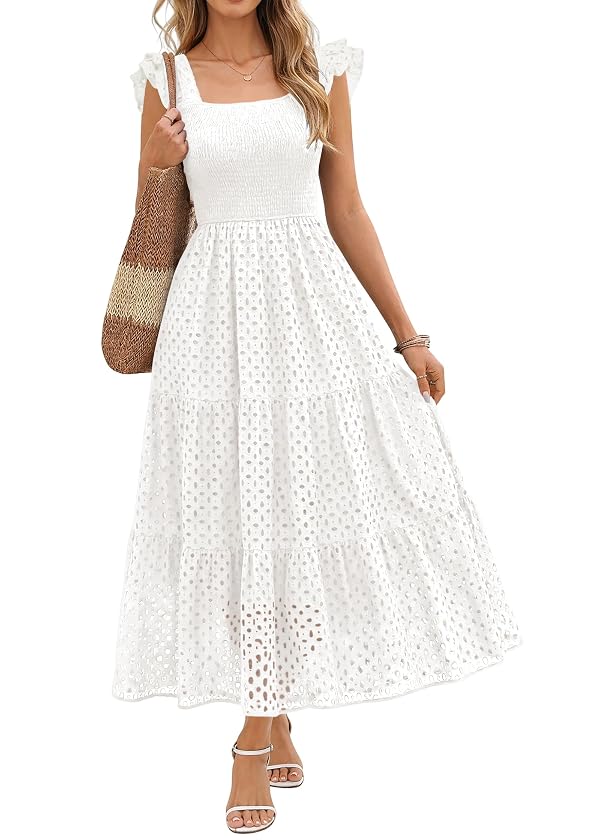 Lazysmile Womens Sleeveless Hollow Out Eyelet Summer Boho Maxi Dress White by Lazysmile - Used condition - US$35.71