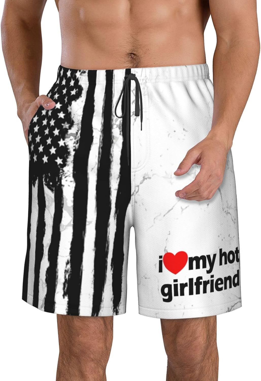 Heart I Love My Hot Girlfriend Men's Swim Trunks Board Shorts Swimwear Funny Men's Beach Shorts L