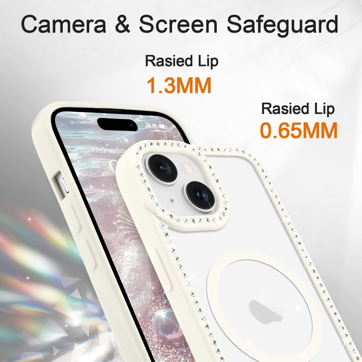 LCHULLE for iPhone 15 Case, Magnetic Clear Glitter Diamond Rhinestones for Women Girls Compatible with MagSafe Shiny Sparkle Soft TPU Bumper Slim Shockproof Phone Case for iPhone 15, White - Image 3
