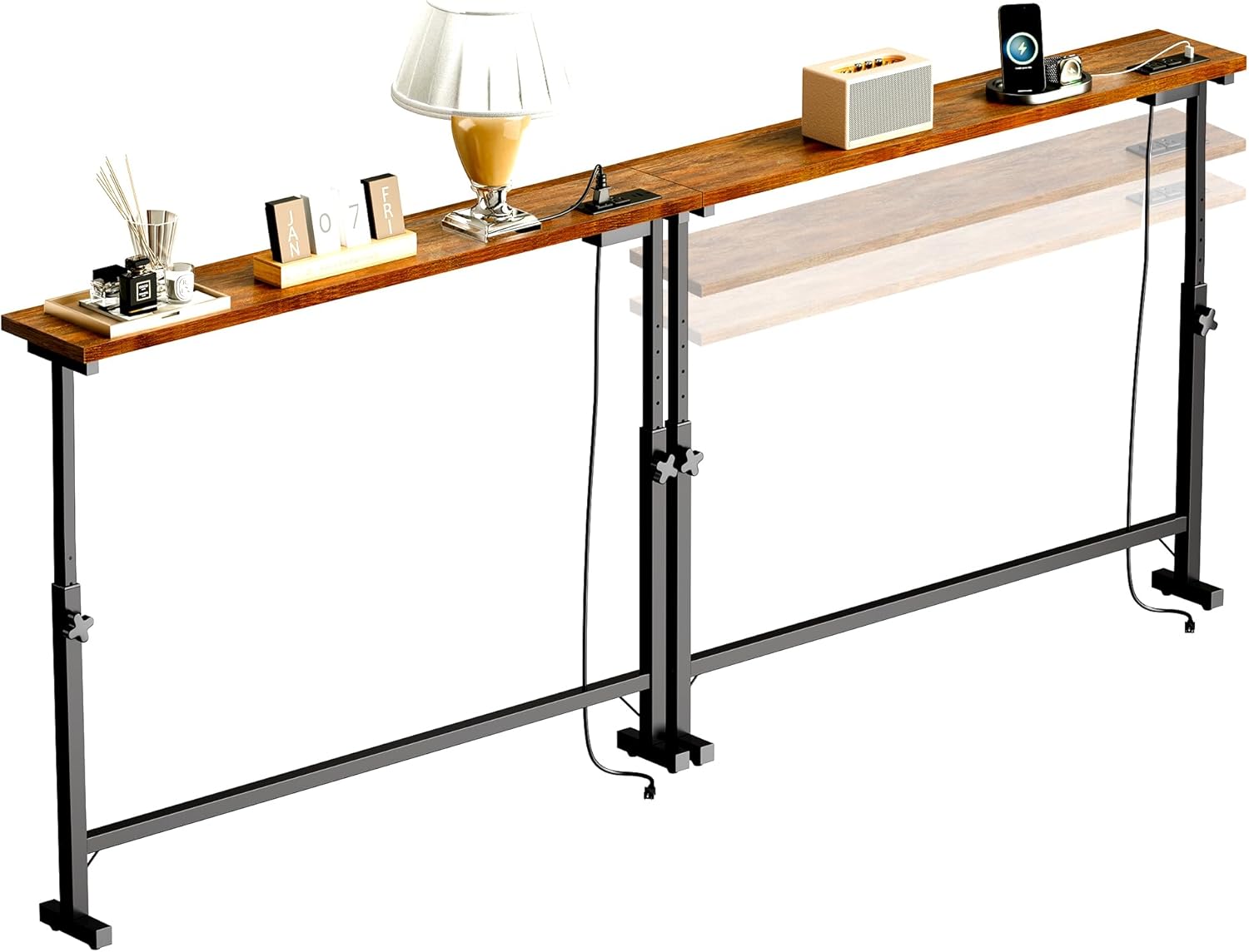 2 pack 79" narrow console table with adjustable height(23"-31") behind couch sofa table with 2 power outlets 79"*5.9" long entryway table for hallway bedroom living room foyer rustic brown 5.9inch deep