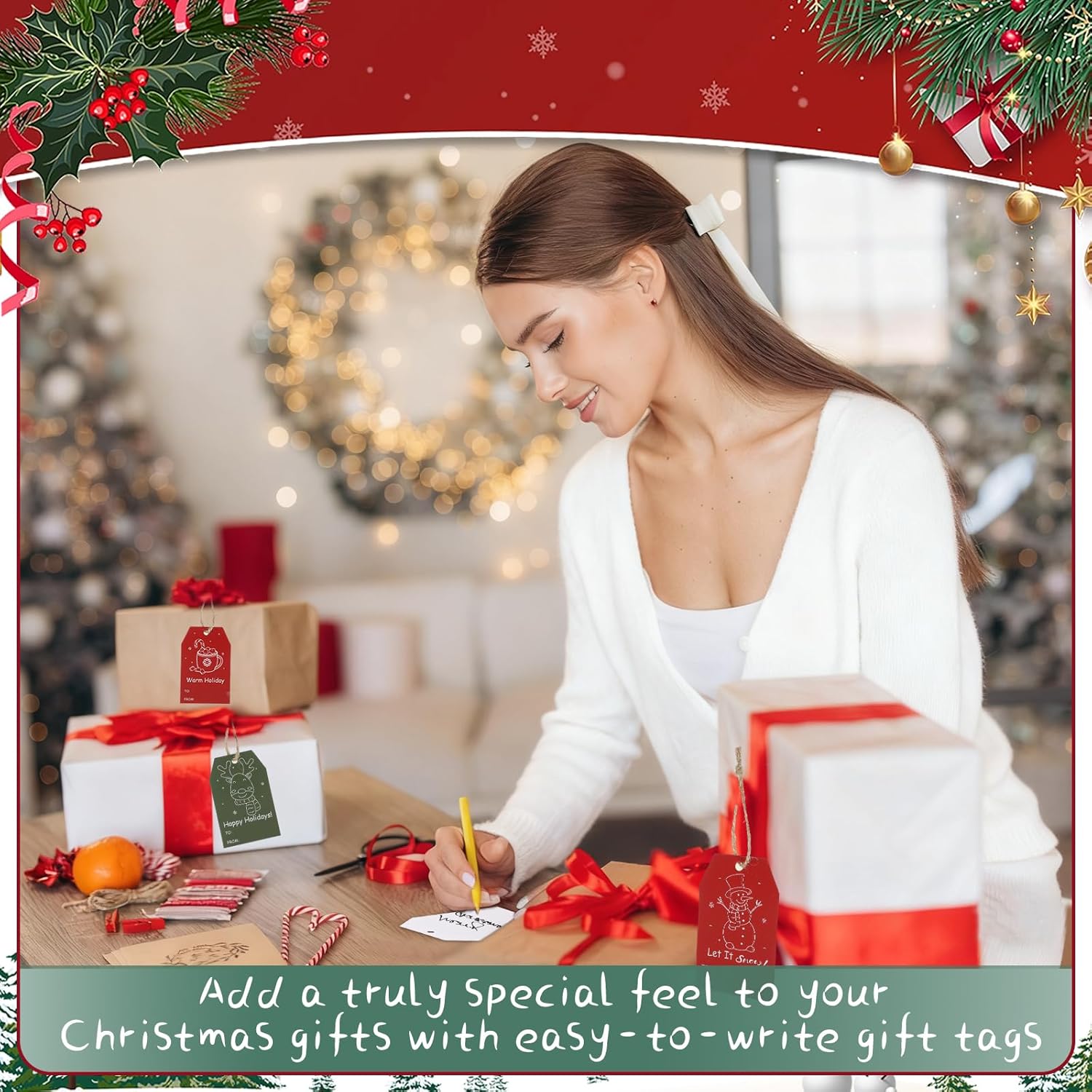 100PCS Christmas Gift Tags 10 Styles Merry Christmas Gift Tags with String Modern Kraft Name Tag for Present Wrapping Xmas Holiday Festive Party Favors - Image 6