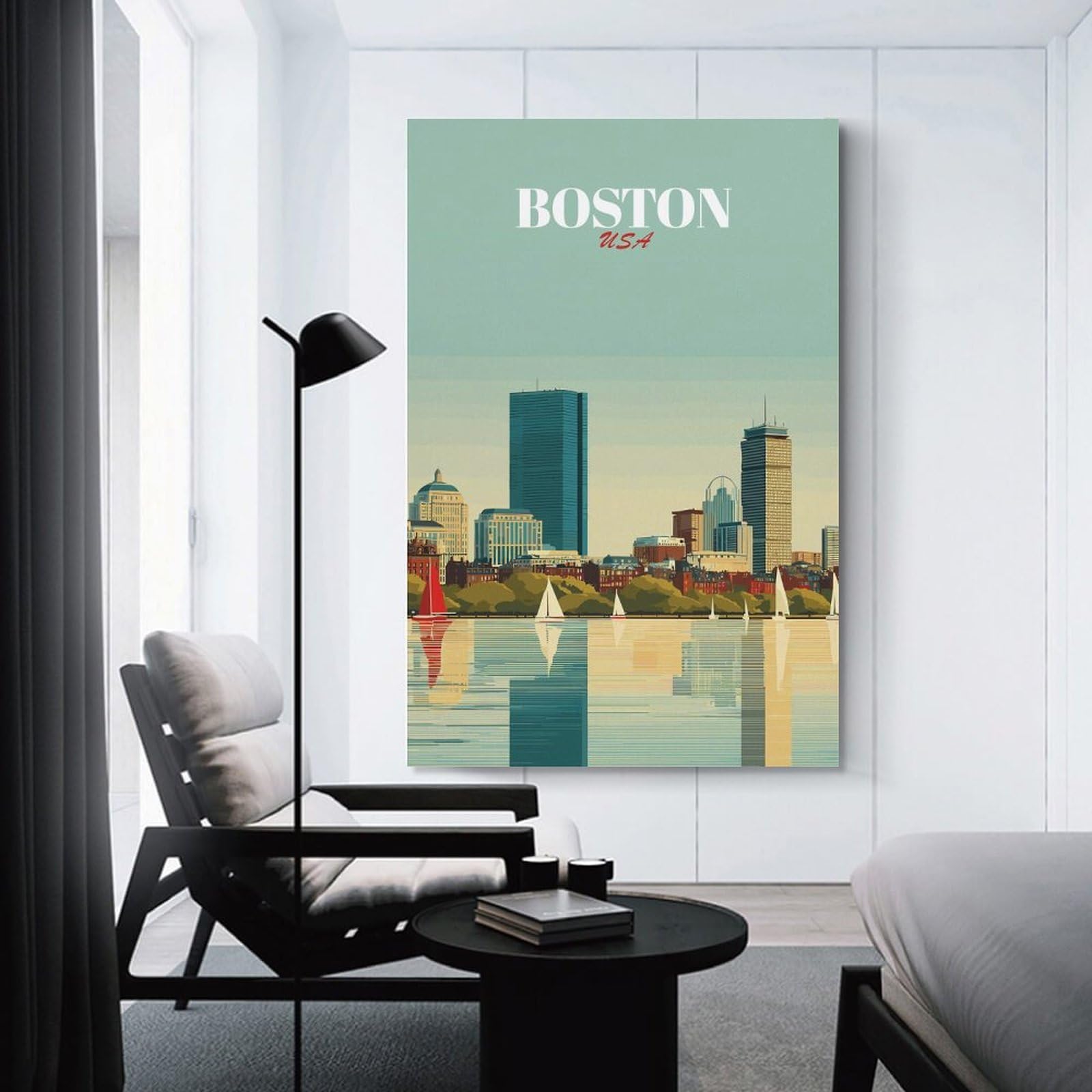Junmoney Boston USA Skyline Art Hanging Wall Art, 20x30inch(50x75cm), for Living Room, Bedroom, Office Or Hallway, Decorative Artwork with Broad Appeal