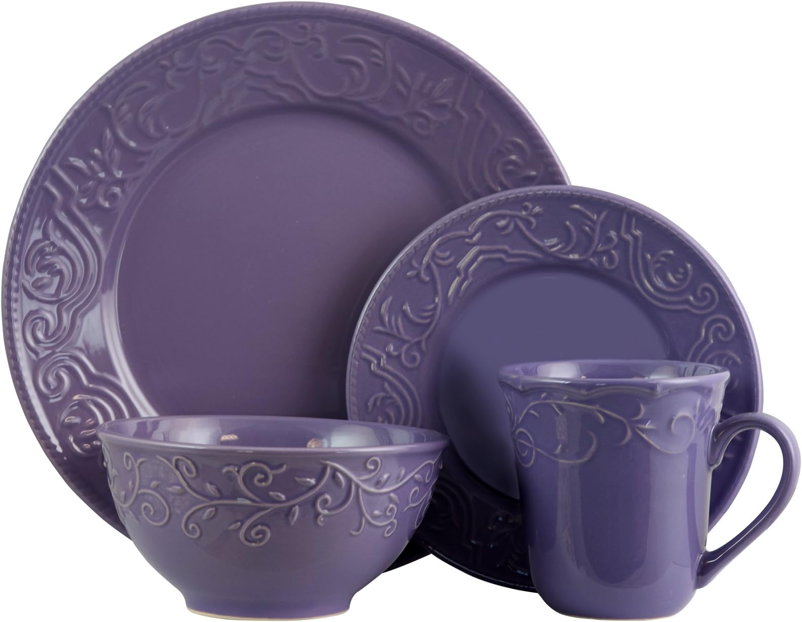 Elama Embossed Stoneware Elegant Round Dinnerware Dish Set, 16 Piece Set, Lilac Purple