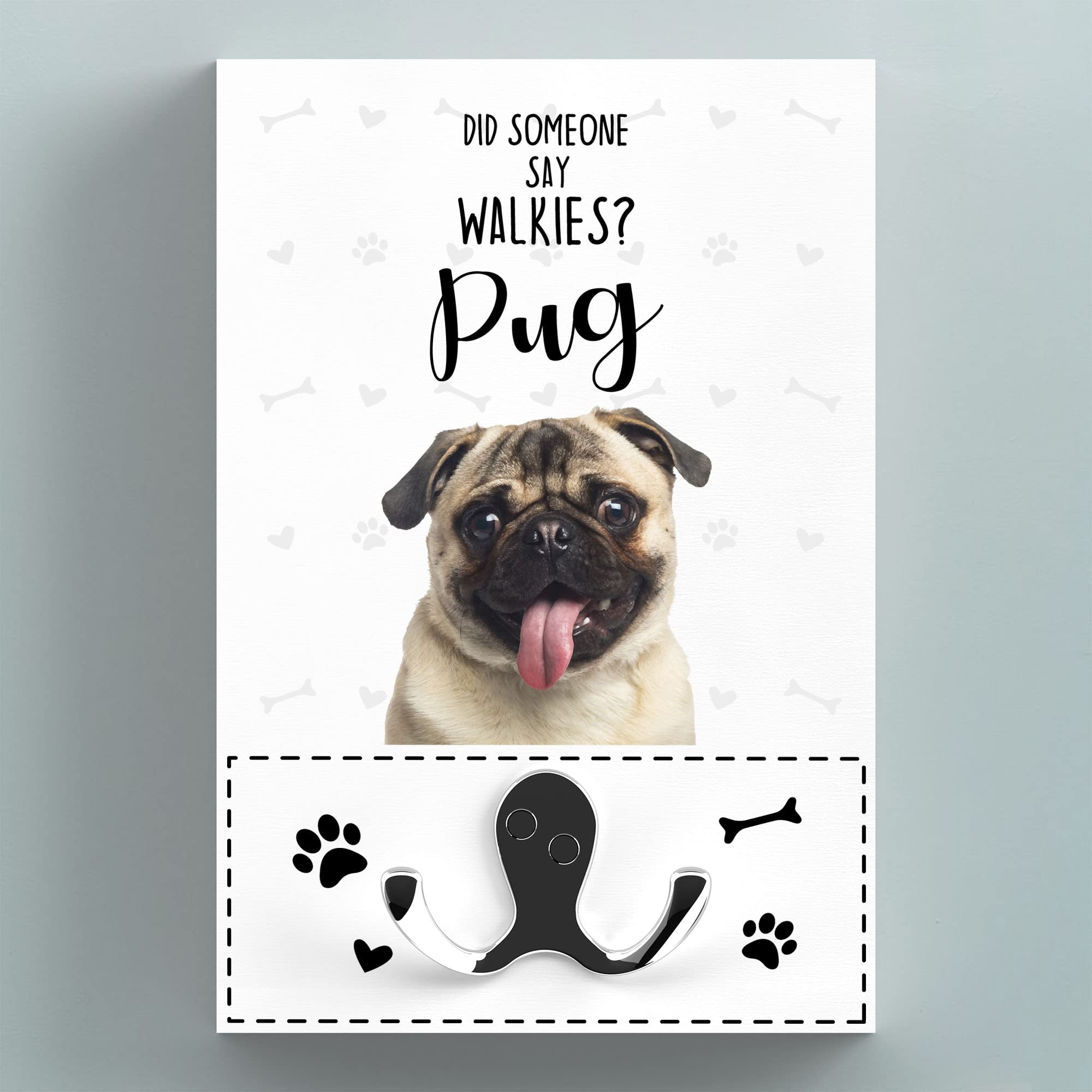Global Designs Walkies Pug Themed Wall Hung Lead Hook Dog Breed Lead Holder Wall Hook