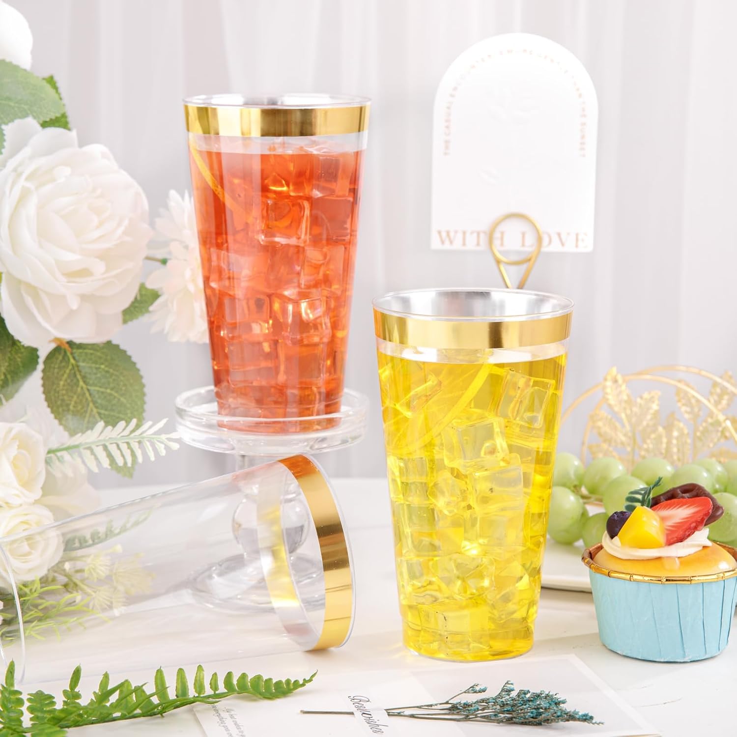 I00000 16 oz Gold Plastic Cups, 50 Pack Clear Plastic Cups Tumblers Gold Rimmed Disposable Cup, Heavy-duty Disposable Cup Perfect for Birthday, Wedding & Party - Image 3