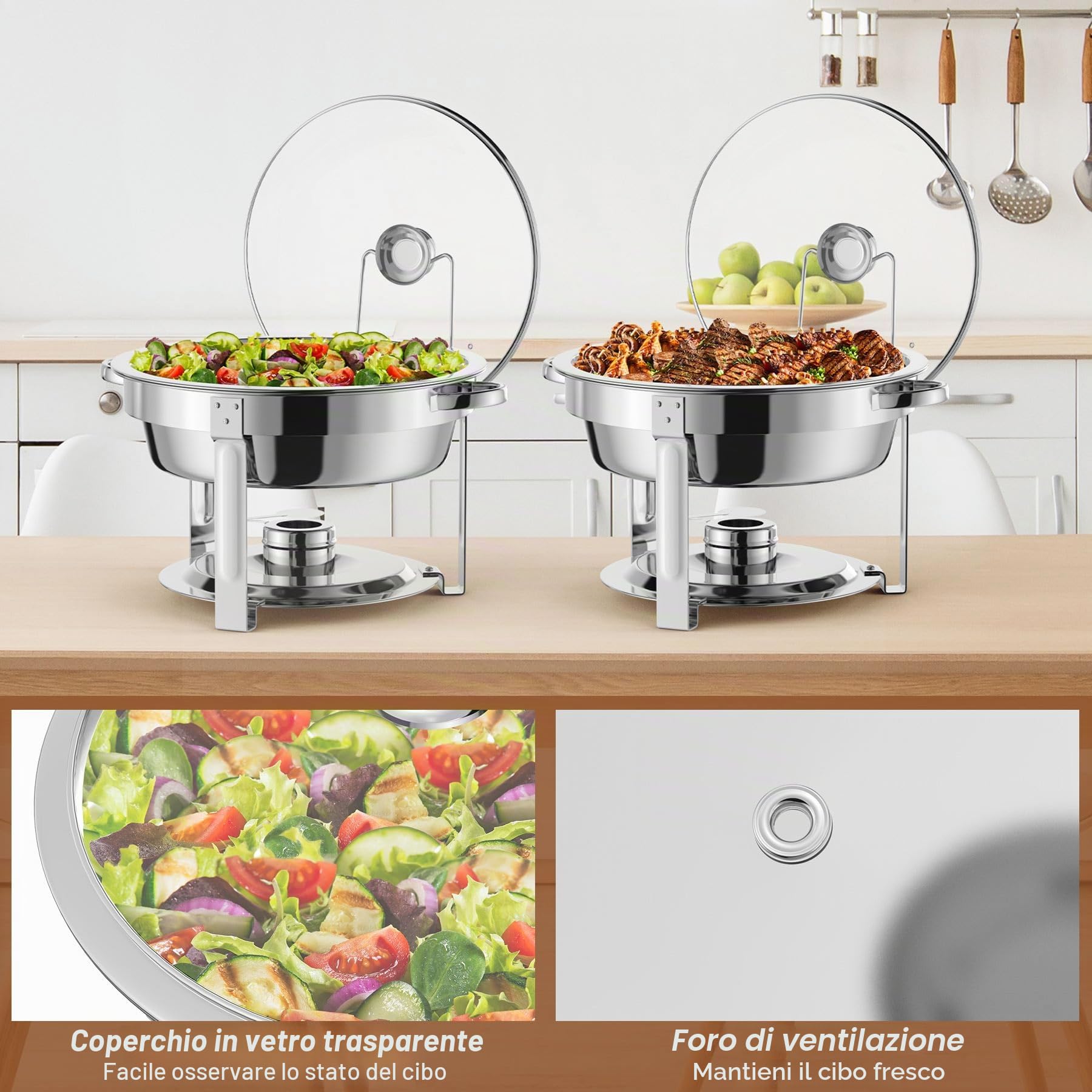 NArra 4 Pezzi Set da Buffet per scaldavivande, 7.5L copripiatti Rotondi in Vetro, Posate per Buffet in Acciaio Inox, Telaio Spesso per Catering, scaldavivande per Feste, Matrimoni, Picnic