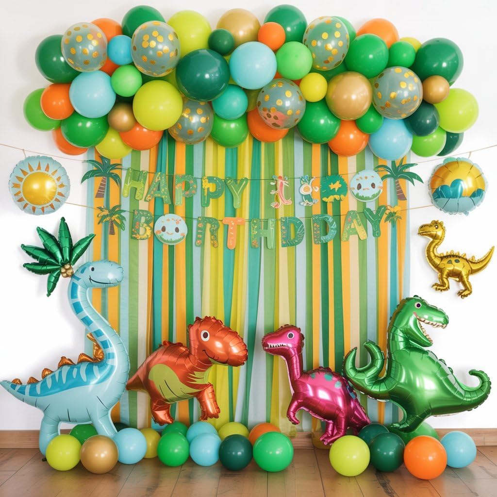 Dinosaur Balloons, 12 Inch Dark Green Teal and Orange Balloons, Metallic Gold Fruit Green Gold Confetti Balloon with Ribbons for Boys Baby Shower Jungle Safari Birthday Party Decorations - Image 8