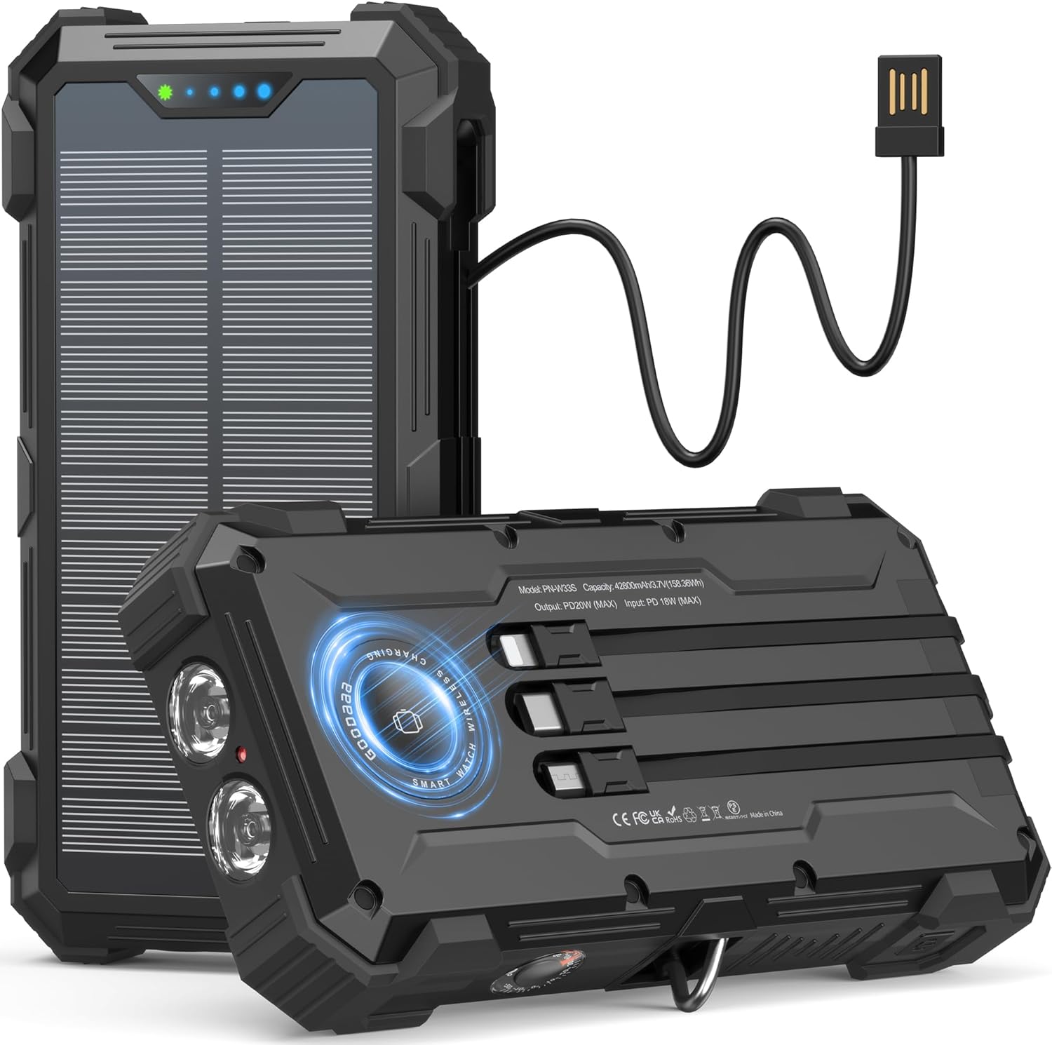 GOODaaa Solar Power Bank, 42800mAh Portable Charger 20W Fast Charging External Battery Pack Built in 4 Cables, Wireless Charging Power Bank for Apple Watches with Flashlight, Carabiner,Thermometer - Amazon product rated Grade C