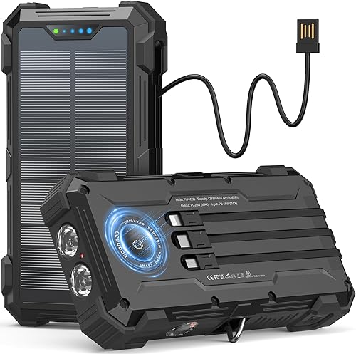 GOODaaa Banco de energía solar, 42800 mAh, cargador portátil de 20 W, batería externa de carga rápida, 4 cables integrados, banco de energía de