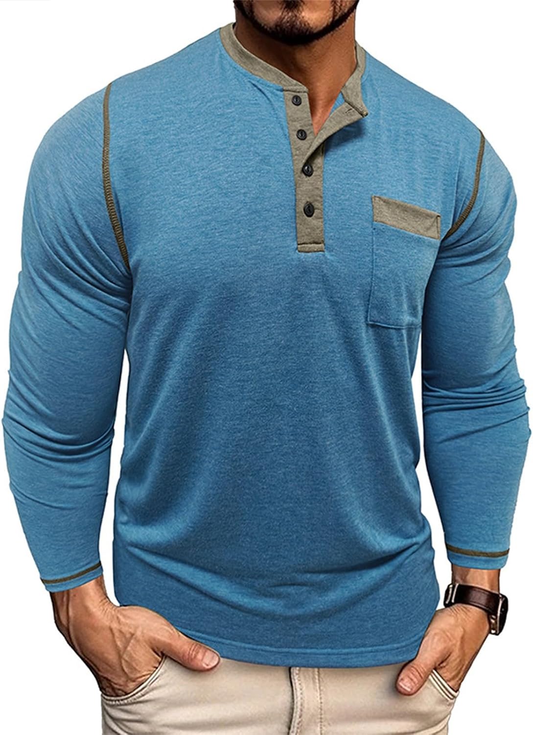 RTRDE Men's Stretch Henley Shirts Long Sleeve Casual Daily Work Button Tee Top, M-3XL