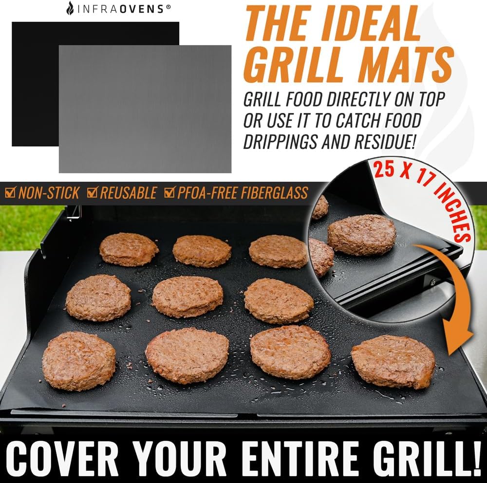 INFRAOVENS Set of 3 BBQ Grill Grate Liners, 25 x 17 Reusable Grill Toppers for Outdoor Charcoal, Gas, Electric - Grilling Accessories and Thermometer, Non Stick, Easy to Clean, Cut to Size, PFOA Free