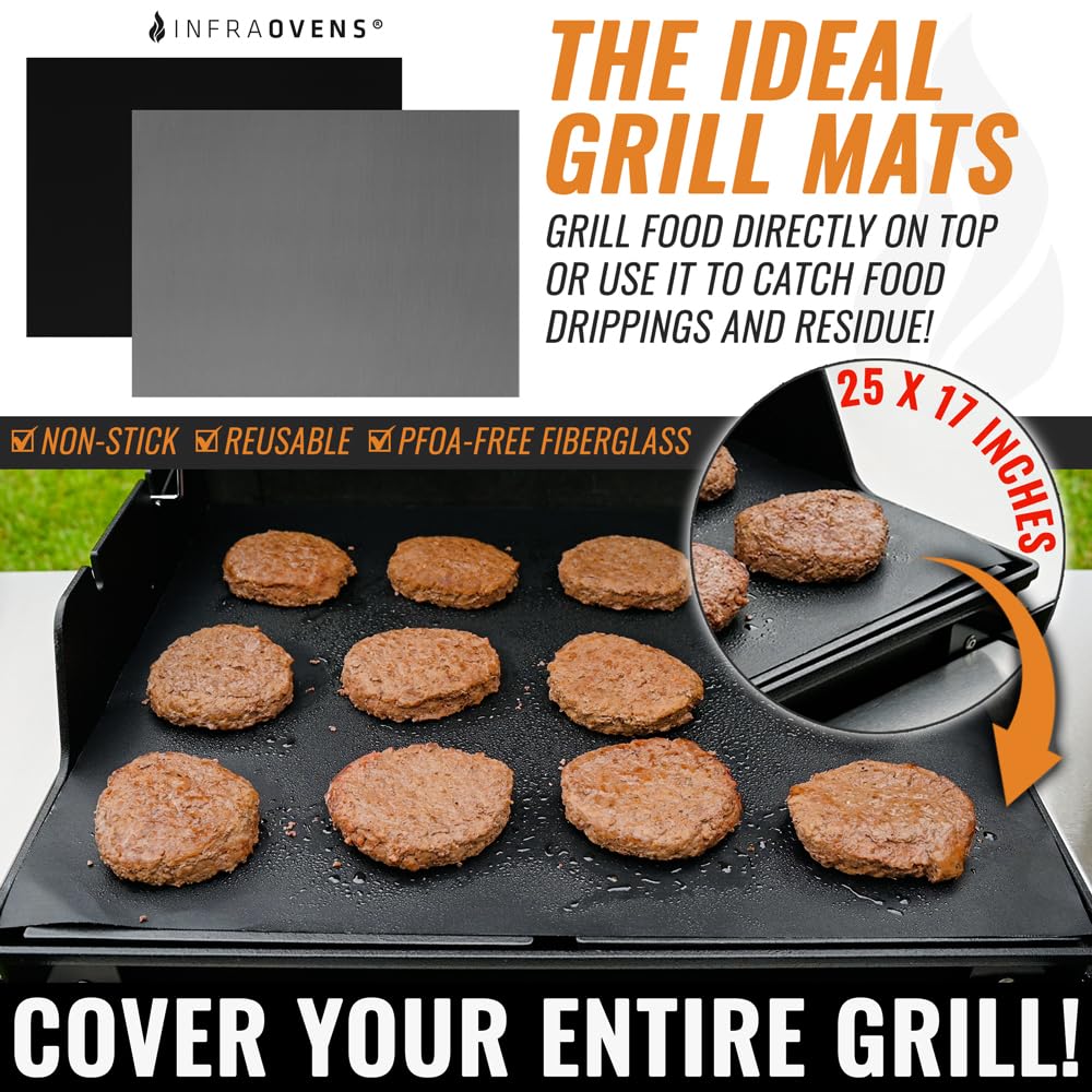 INFRAOVENS Juego de 3 forros para parrilla de barbacoa, 25 x 17 pulgadas, reutilizables, para exteriores, carbón, gas, eléctrico, accesorios de parrilla y termómetro, antiadherente, fácil de limpiar,