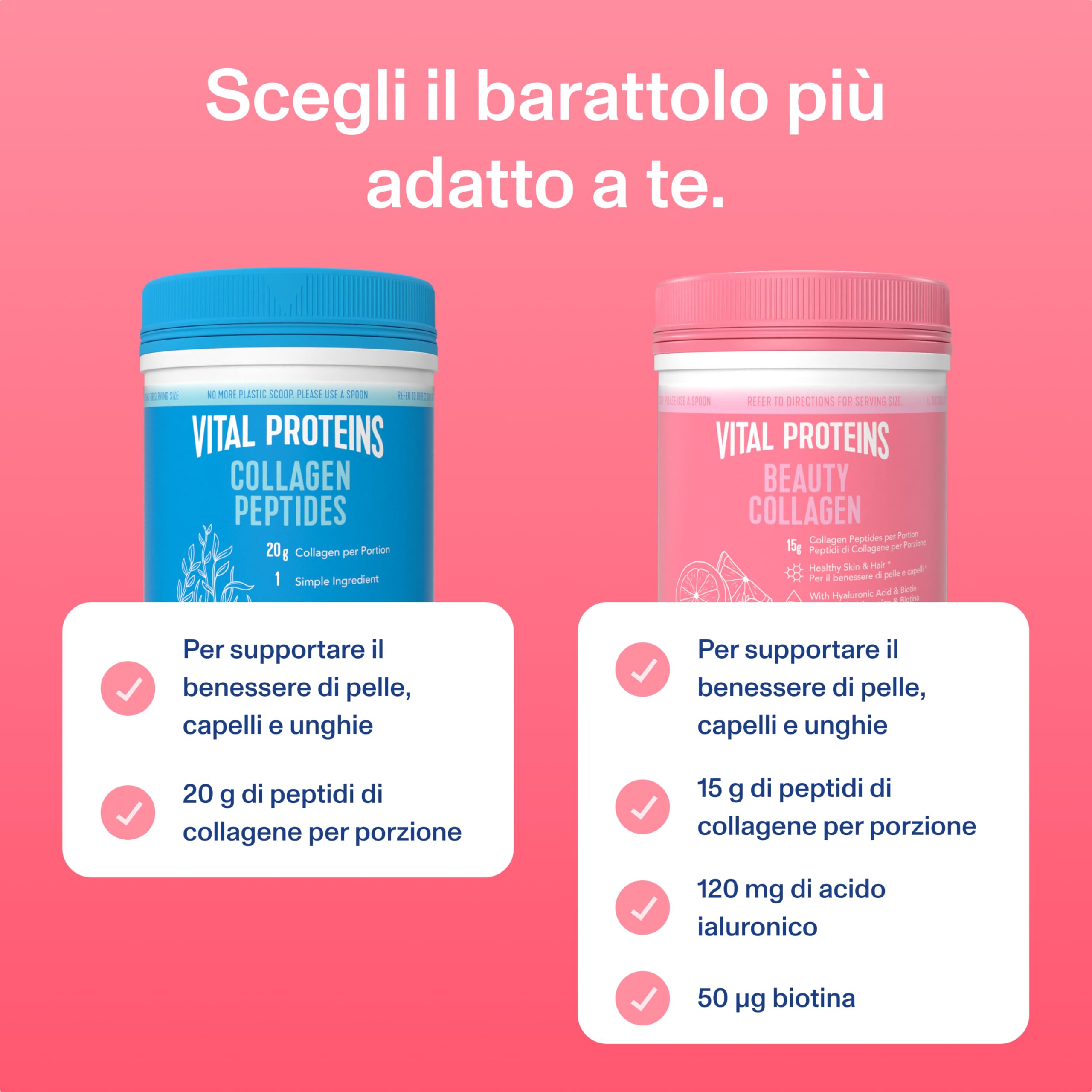 Vital Proteins Beauty Collagen con Acido Ialuronico e Biotina, integratore collagene idrolizzato in polvere, fragola limone,per pelle, capelli e unghie, 15g di peptidi di collagene per porzione, 271g