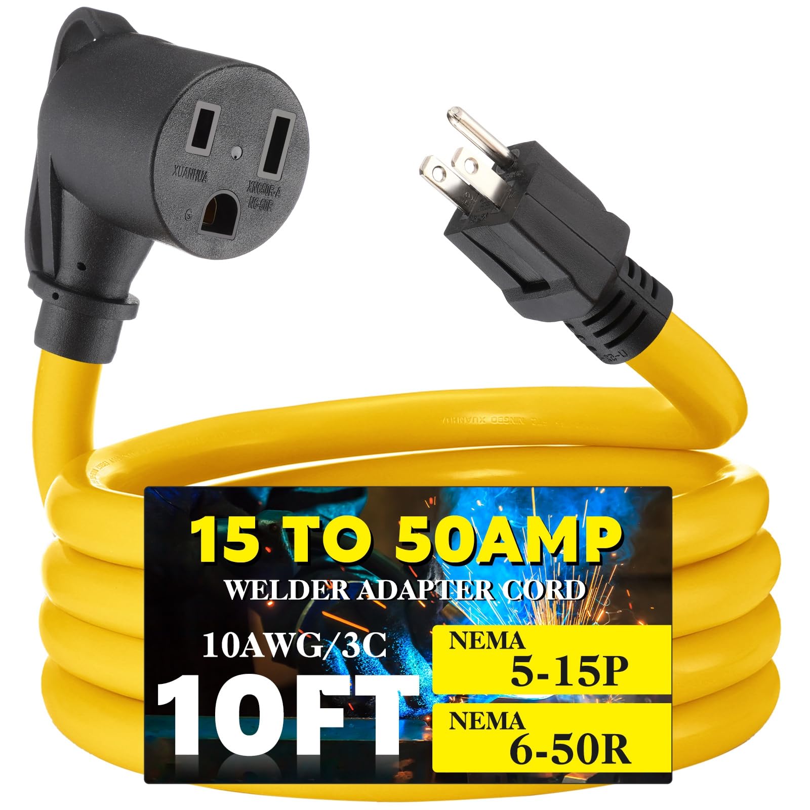 Tellegloww 10ft 15amp Welder Adapter Extension Cord, Compatible with Nema 5-15p Male to 6-50r Female 3 Prong to 3 Prong Welding Power Adapter, STW 10