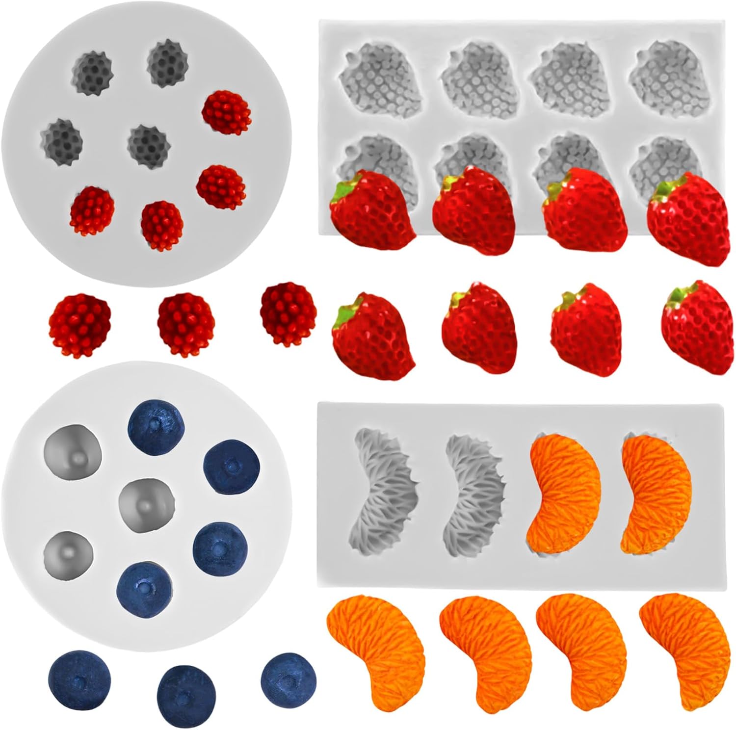 4 PCS Fruit Shaped Silicone Molds - 3D Mini Chocolate & Fruit Jelly Molds Strawberry Orange Blueberry Mulberry Candle Silicone Fruit Mold for Cupcake Decorating, Soap, Chocolate