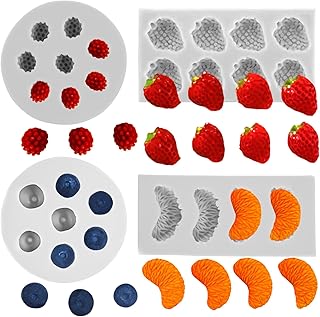 4 PCS Fruit Shaped Silicone Molds - 3D Mini Chocolate & Fruit Jelly Molds Strawberry Orange Blueberry Mulberry Candle Silicone Fruit Mold for Cupcake Decorating, Soap, Chocolate