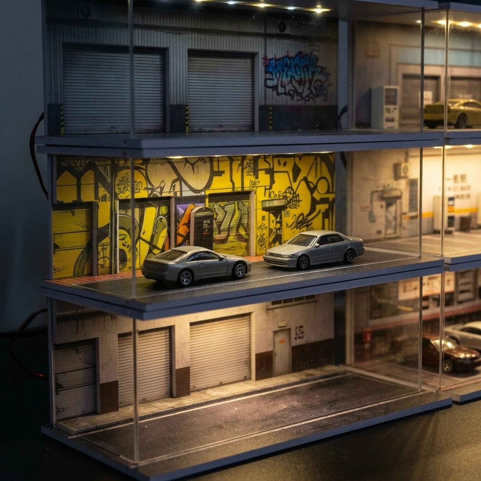 Vetrina Modello Auto Scatola Espositiva Mini Veicolo Garage Diecast Stand Scenario LED in PVC Adatta per Collezione Esposizione Modellini Decorazione, F