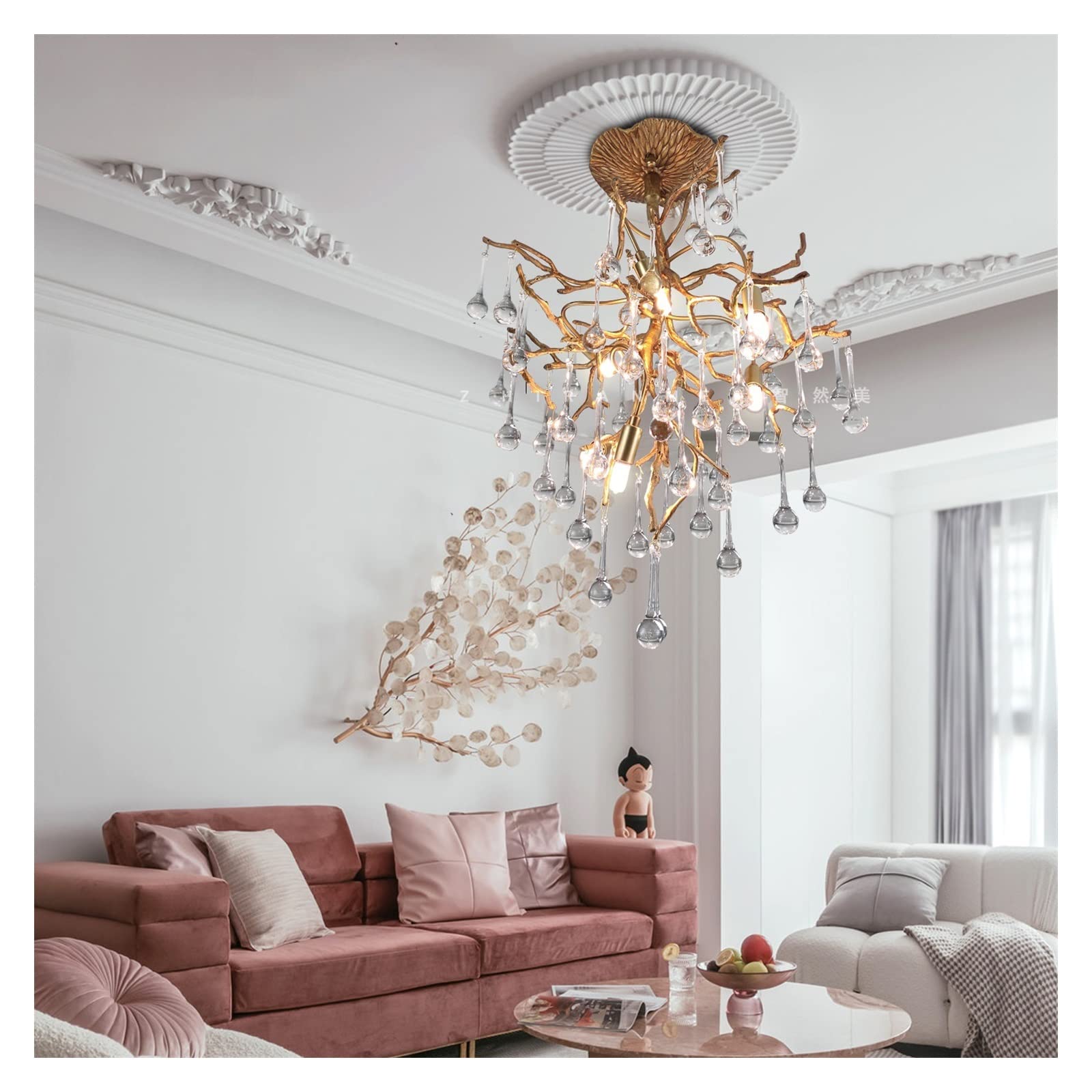 Lampadario moderno in cristallo per ristorante e soggiorno, plafoniera retrò minimalista con design a ramo di rame, elegante illuminazione per camera da letto, arredamento di tendenza per la casa.
